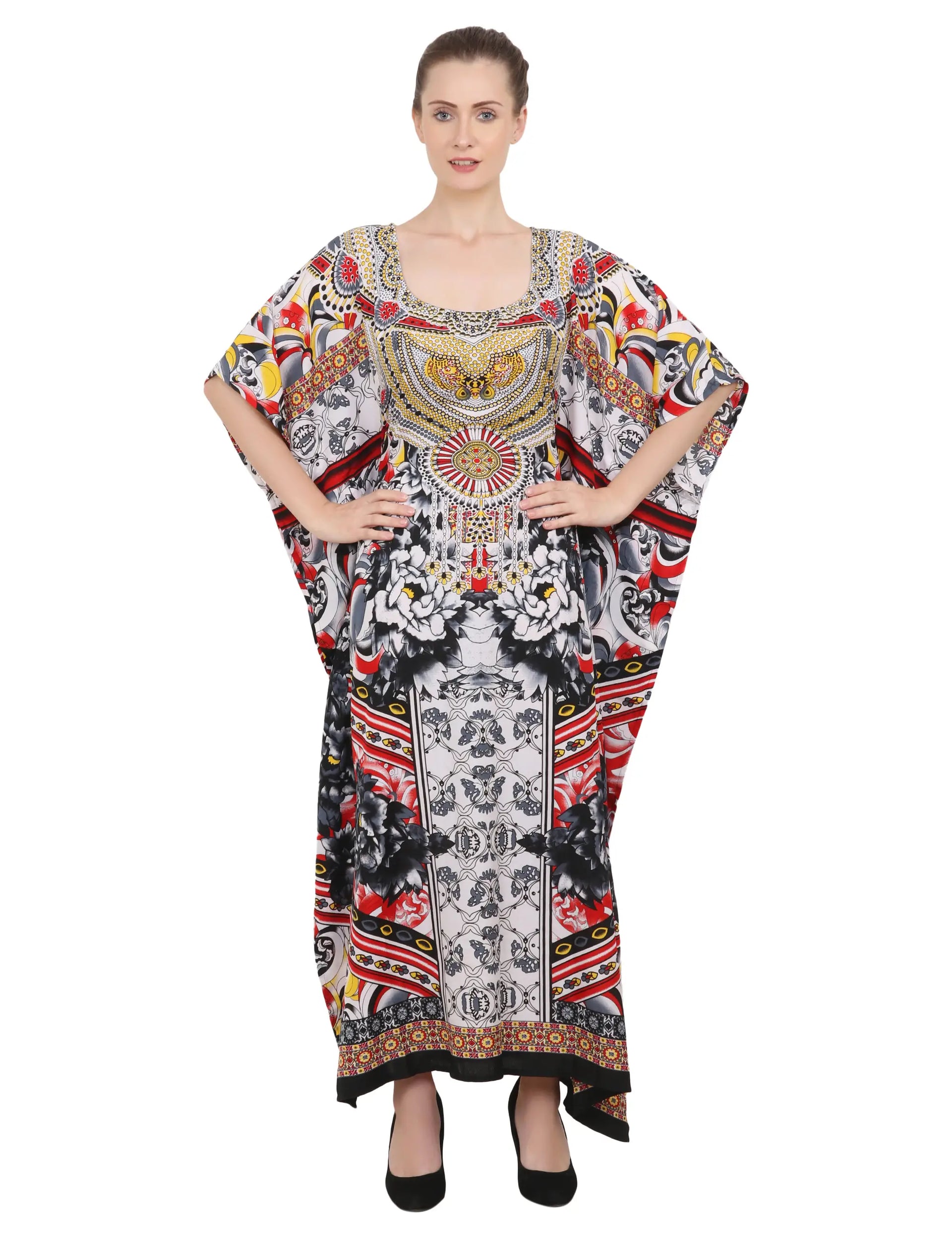 Ethnic Print Polyester Kaftan Dress with V Neck & Side Slits