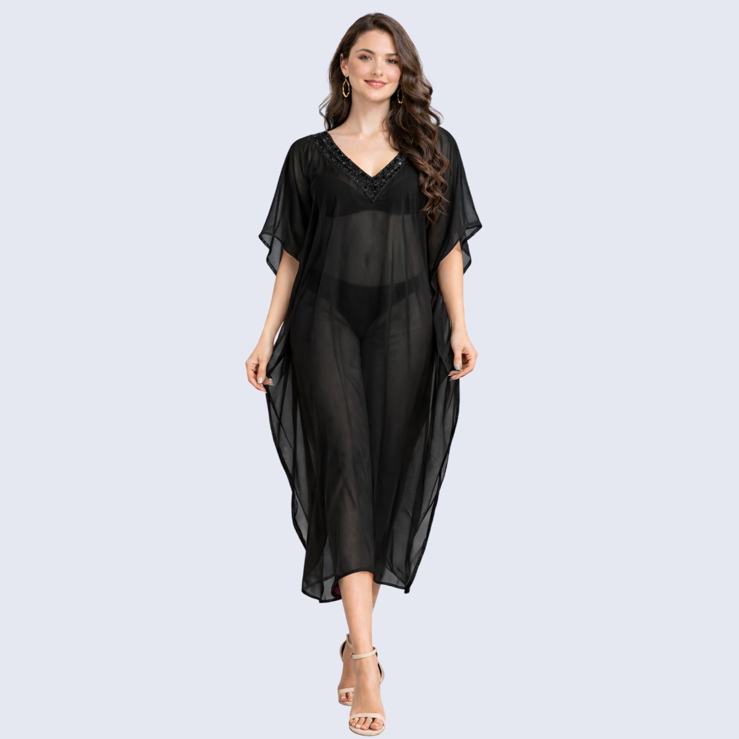 Sheer Kaftan Polyester Artisan V-Neck Beach Cover Up Dress