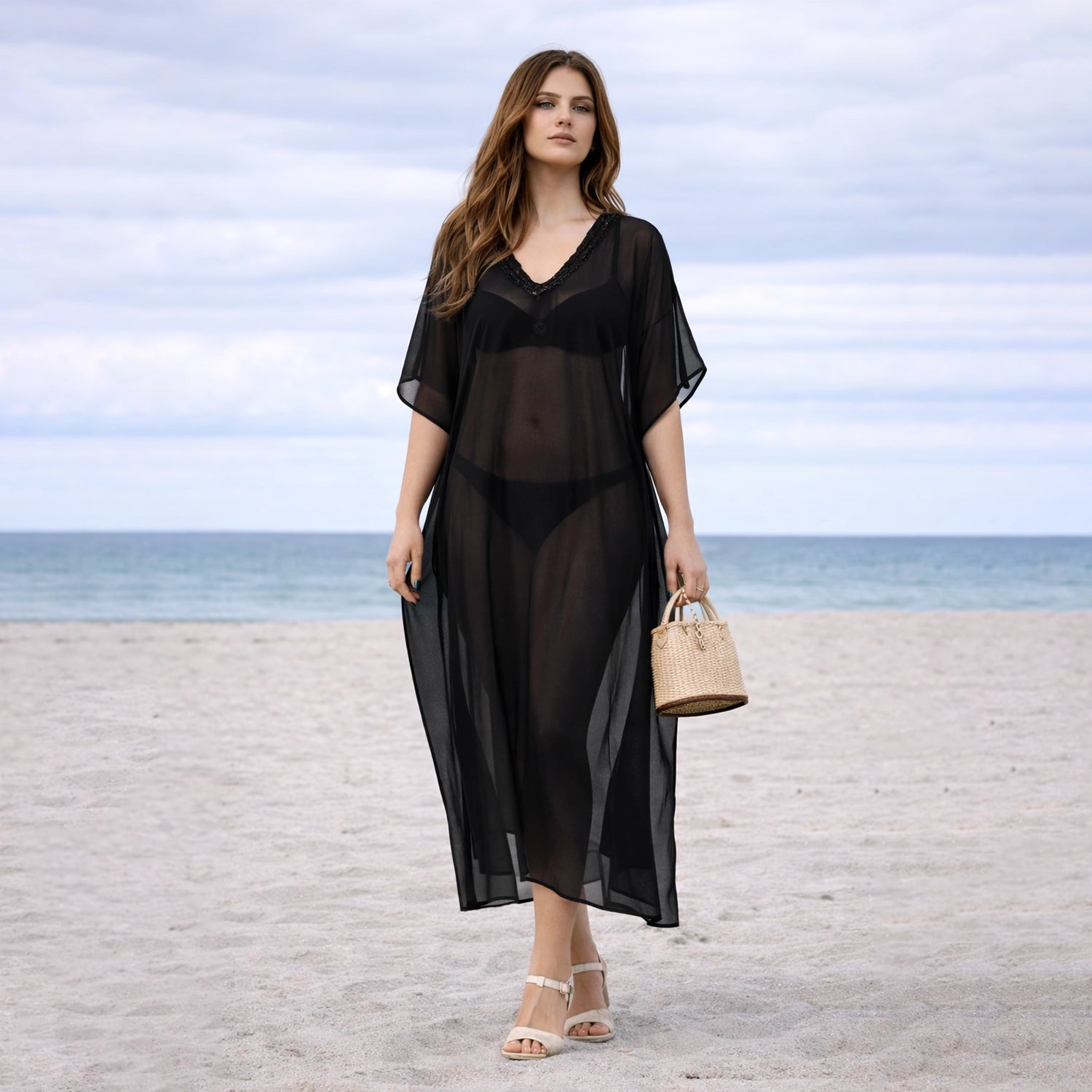 Sheer Kaftan Polyester Artisan V-Neck Beach Cover Up Dress