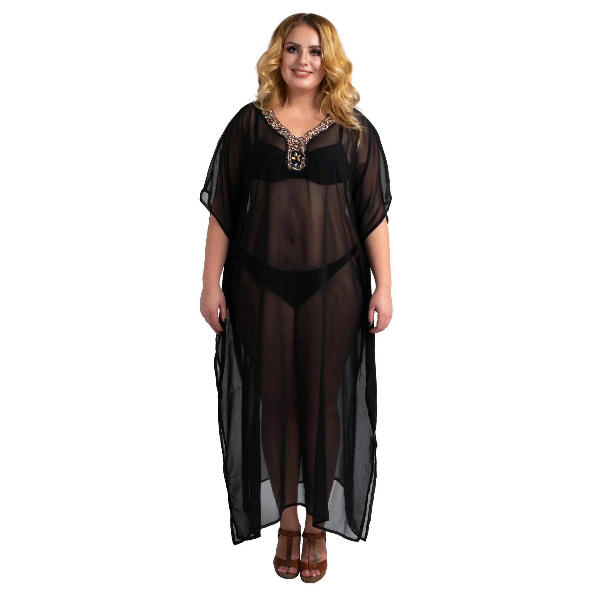 Sheer Kaftan Polyester Artisan V-Neck Beach Cover Up Dress