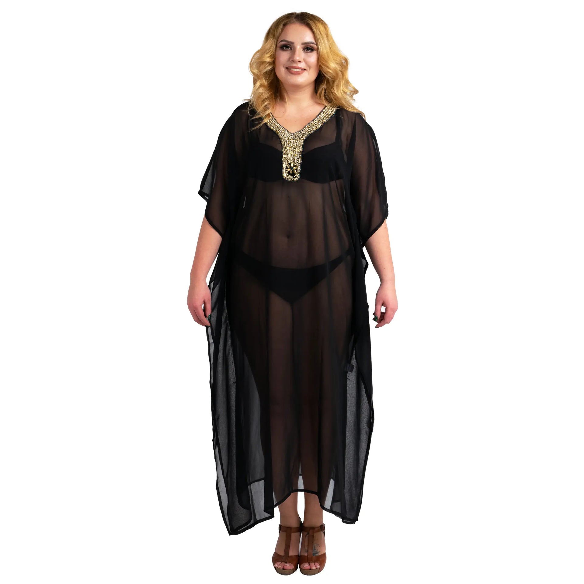 Sheer Kaftan Polyester Artisan V-Neck Beach Cover Up Dress