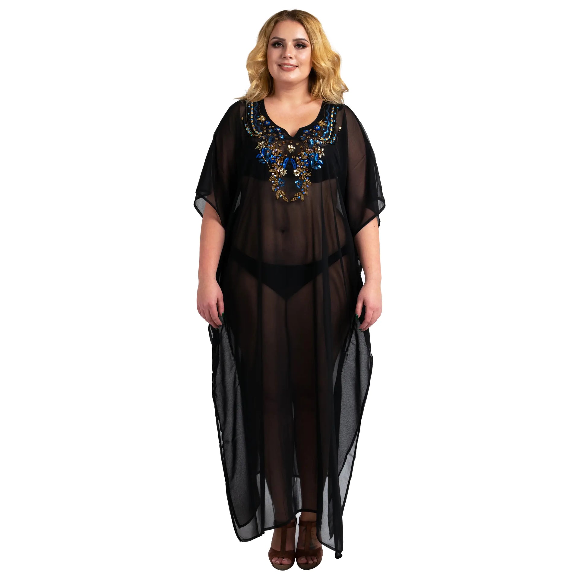 Sheer Kaftan Polyester Artisan V-Neck Beach Cover Up Dress