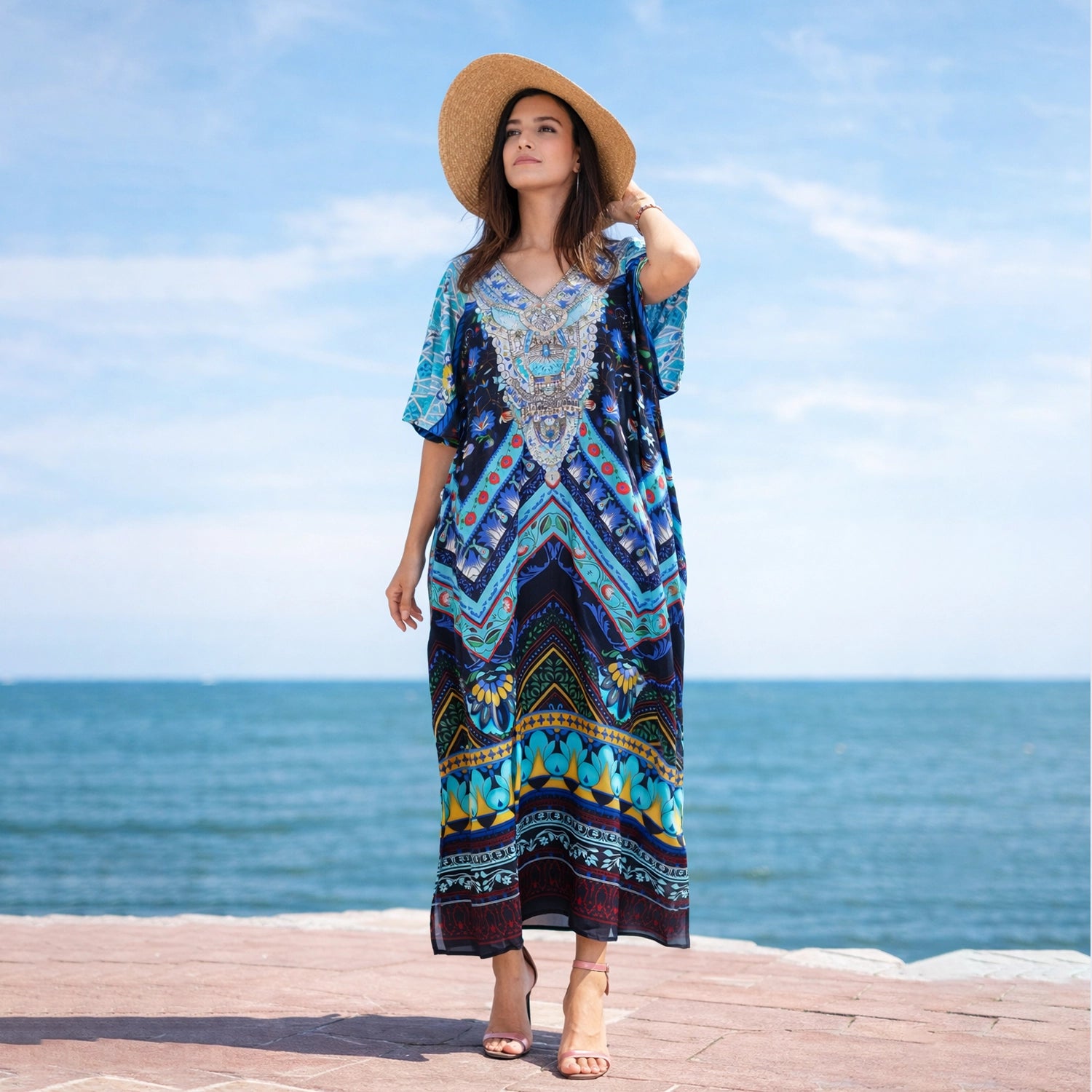 Floral Print Polyester Kaftan Dress with V Neck & Side Slits