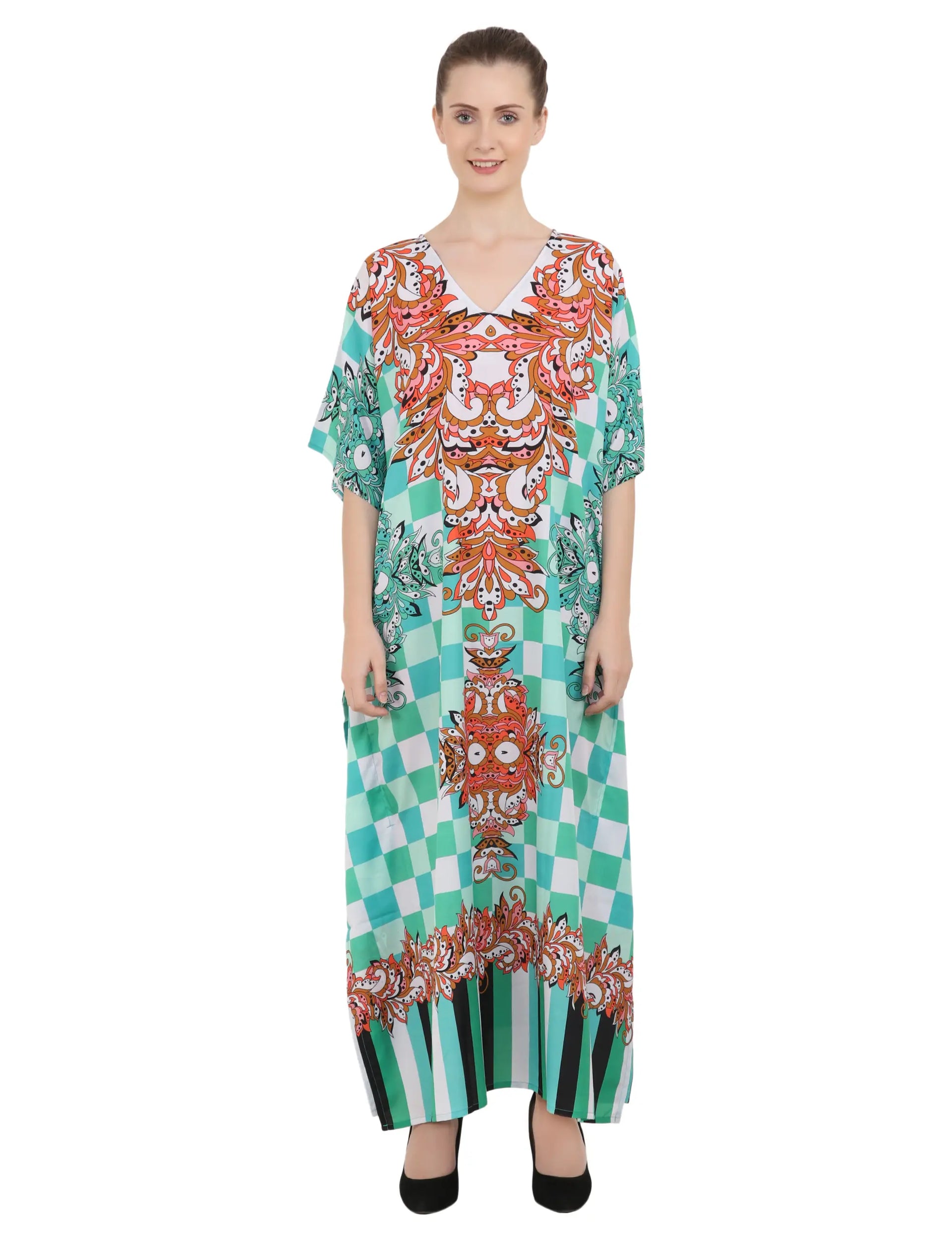 Floral Print Polyester Kaftan Dress with V Neck & Side Slits