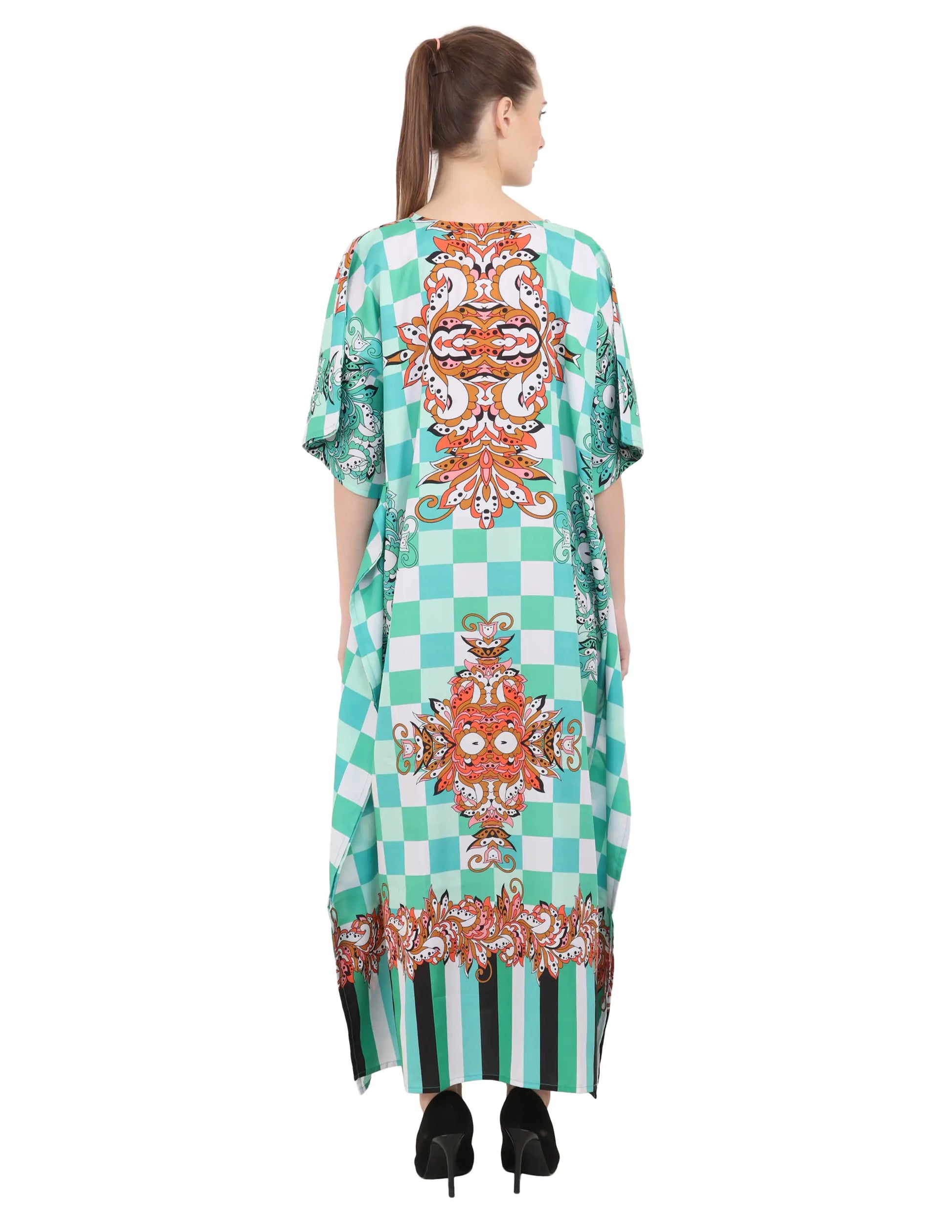 Floral Print Polyester Kaftan Dress with V Neck & Side Slits