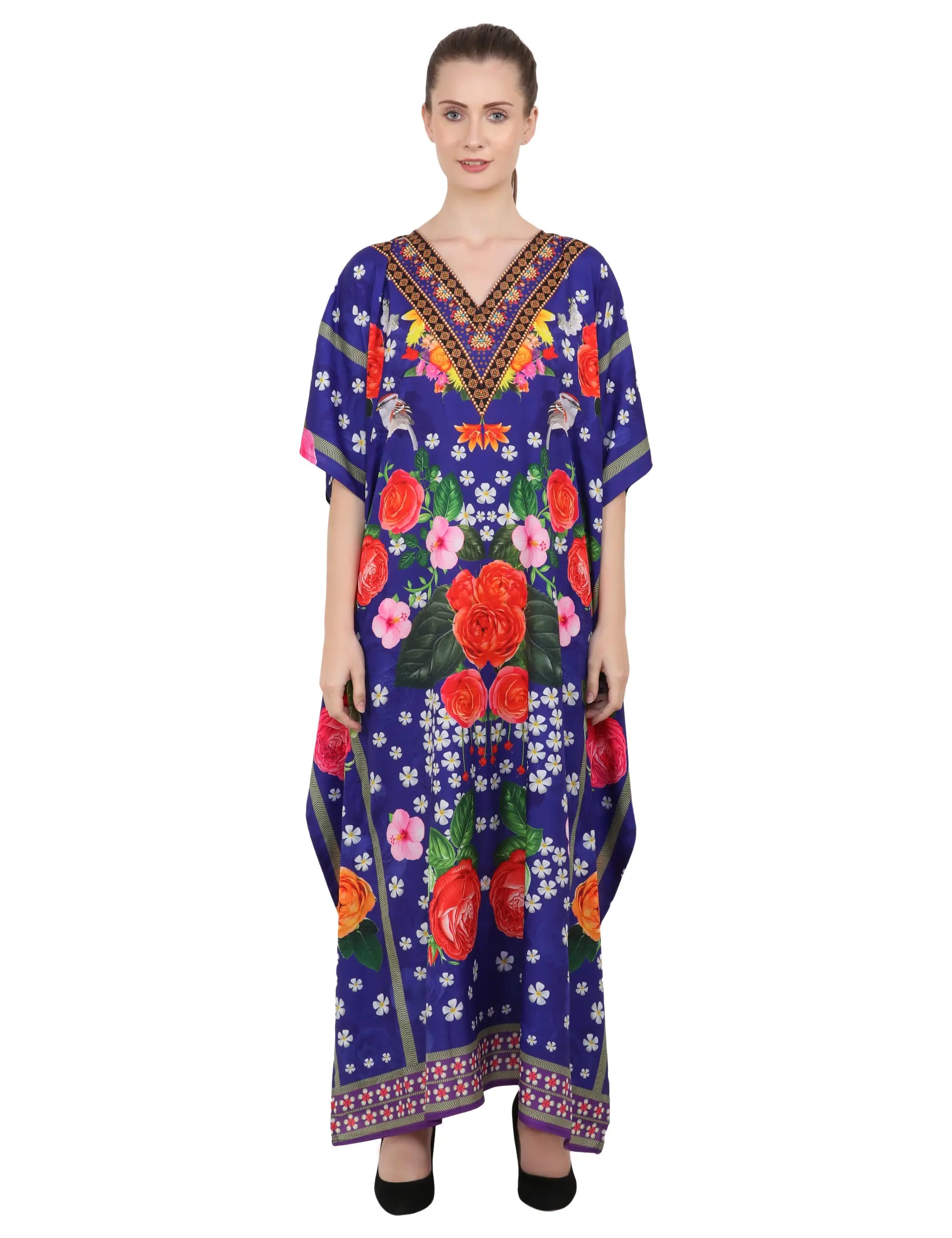 Floral Print Polyester Kaftan Dress with V Neck & Side Slits
