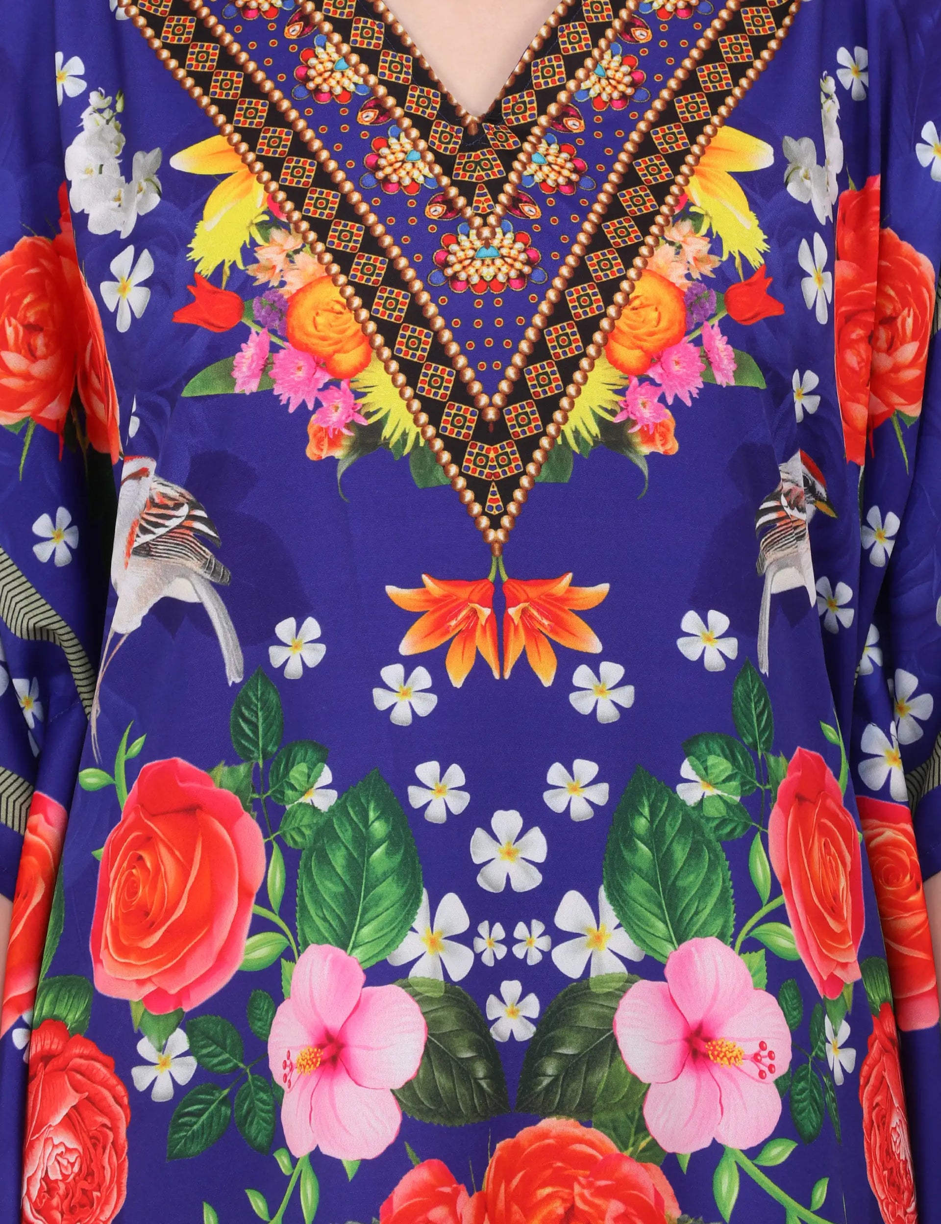 Floral Print Polyester Kaftan Dress with V Neck & Side Slits