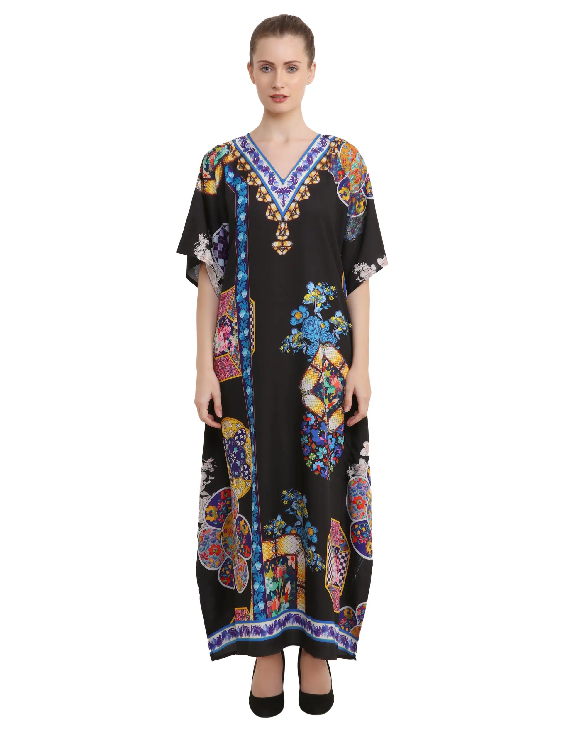 Floral Ethnic Print Polyester Kaftan Dress with V Neck & Side Slits