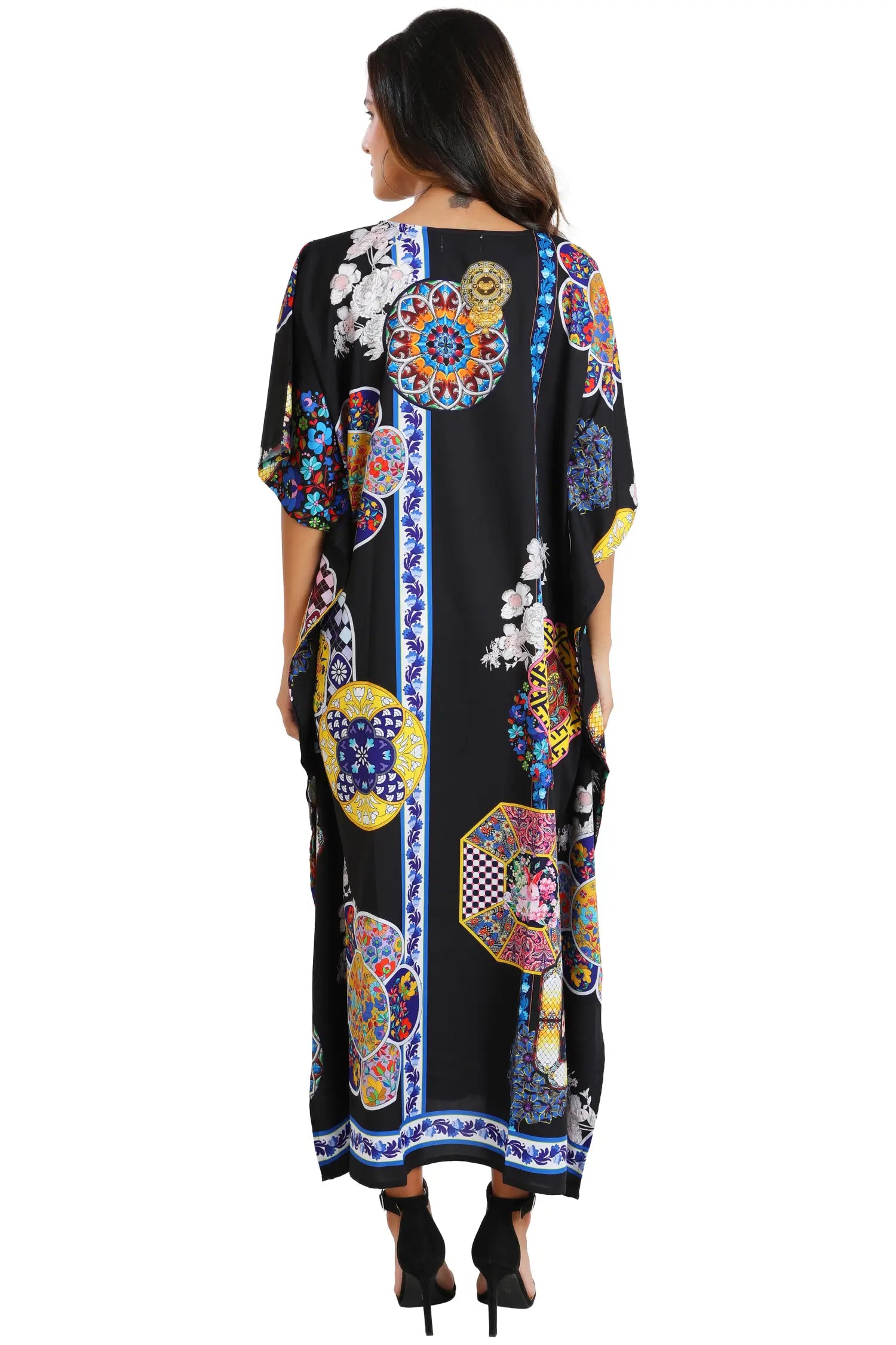 Floral Ethnic Print Polyester Kaftan Dress with V Neck & Side Slits
