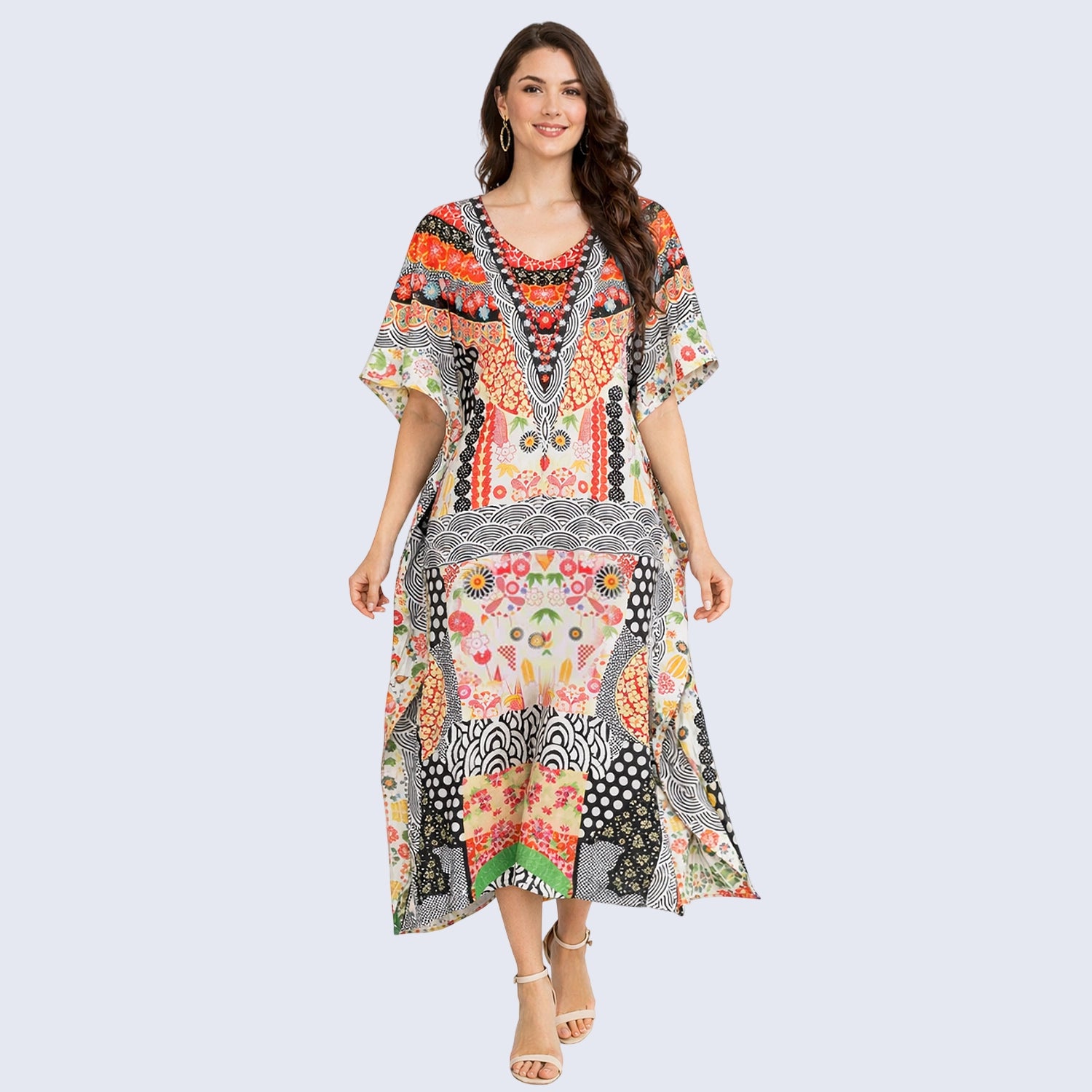 Floral Print Polyester Kaftan Dress with V Neck & Side Slits