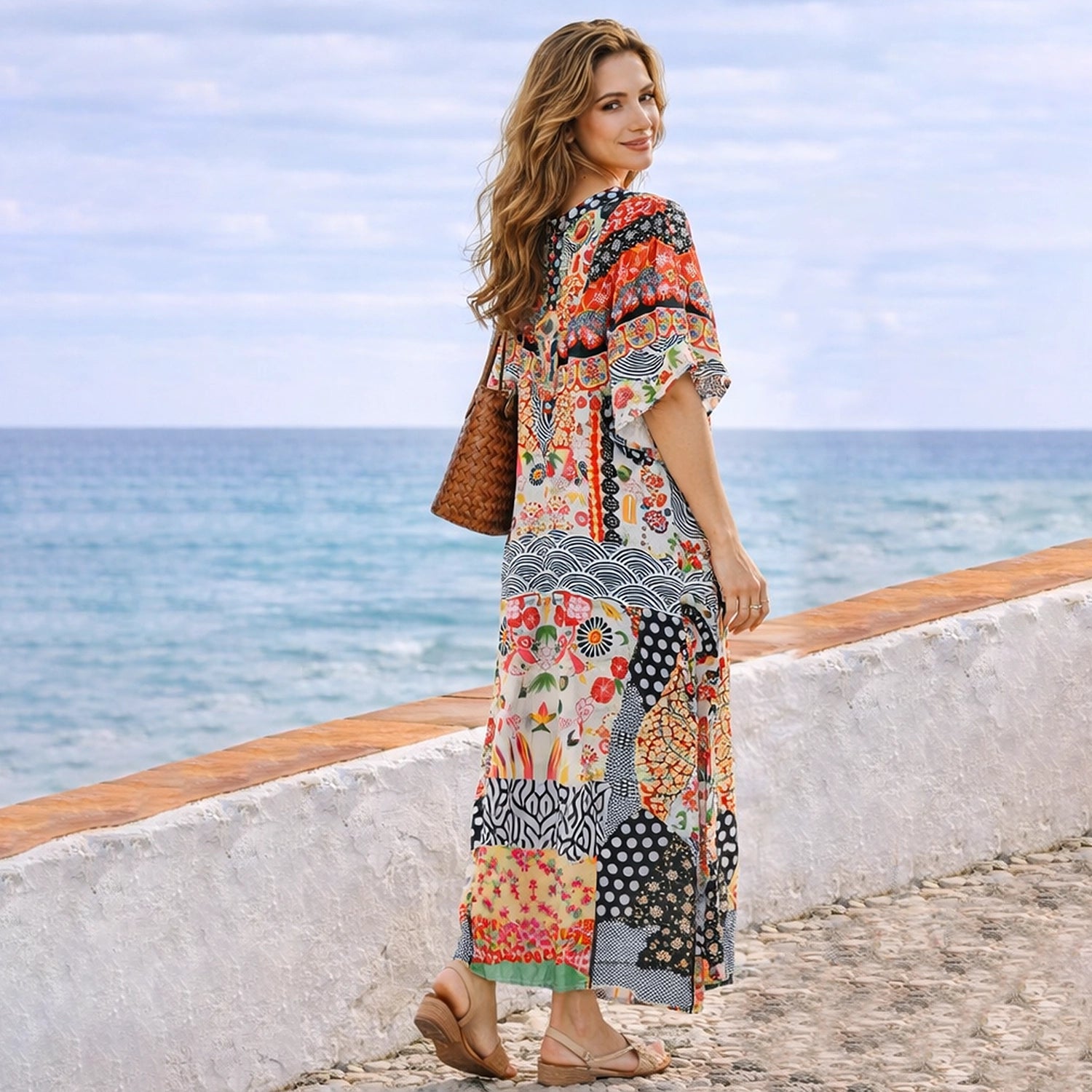 Floral Print Polyester Kaftan Dress with V Neck & Side Slits