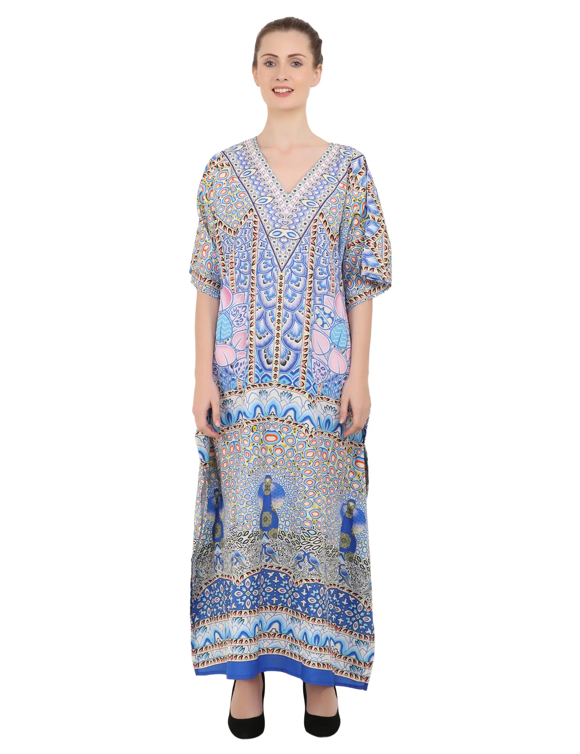 Leafy Peacock Floral Polyester Kaftan Dress with V Neck & Side Slits