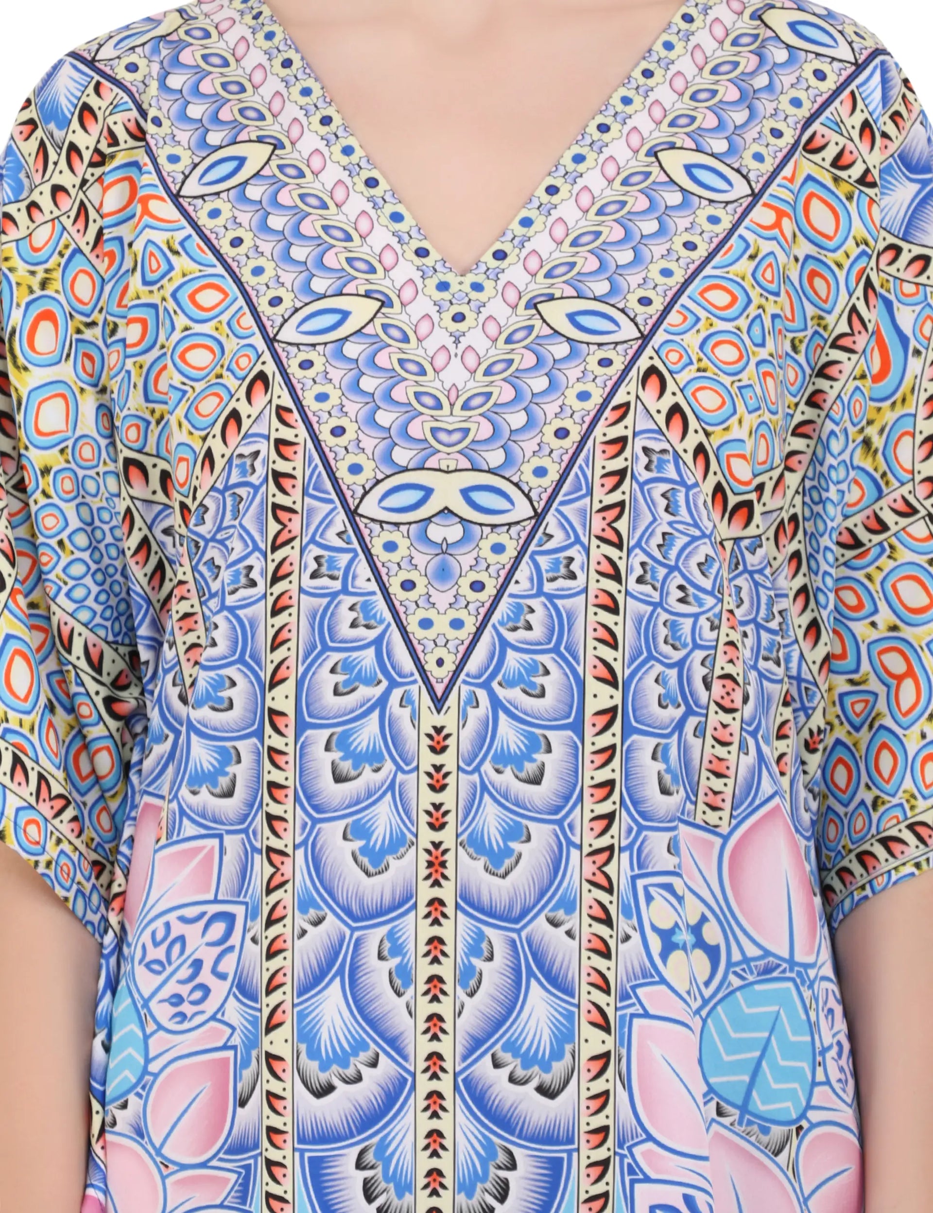Leafy Peacock Floral Polyester Kaftan Dress with V Neck & Side Slits