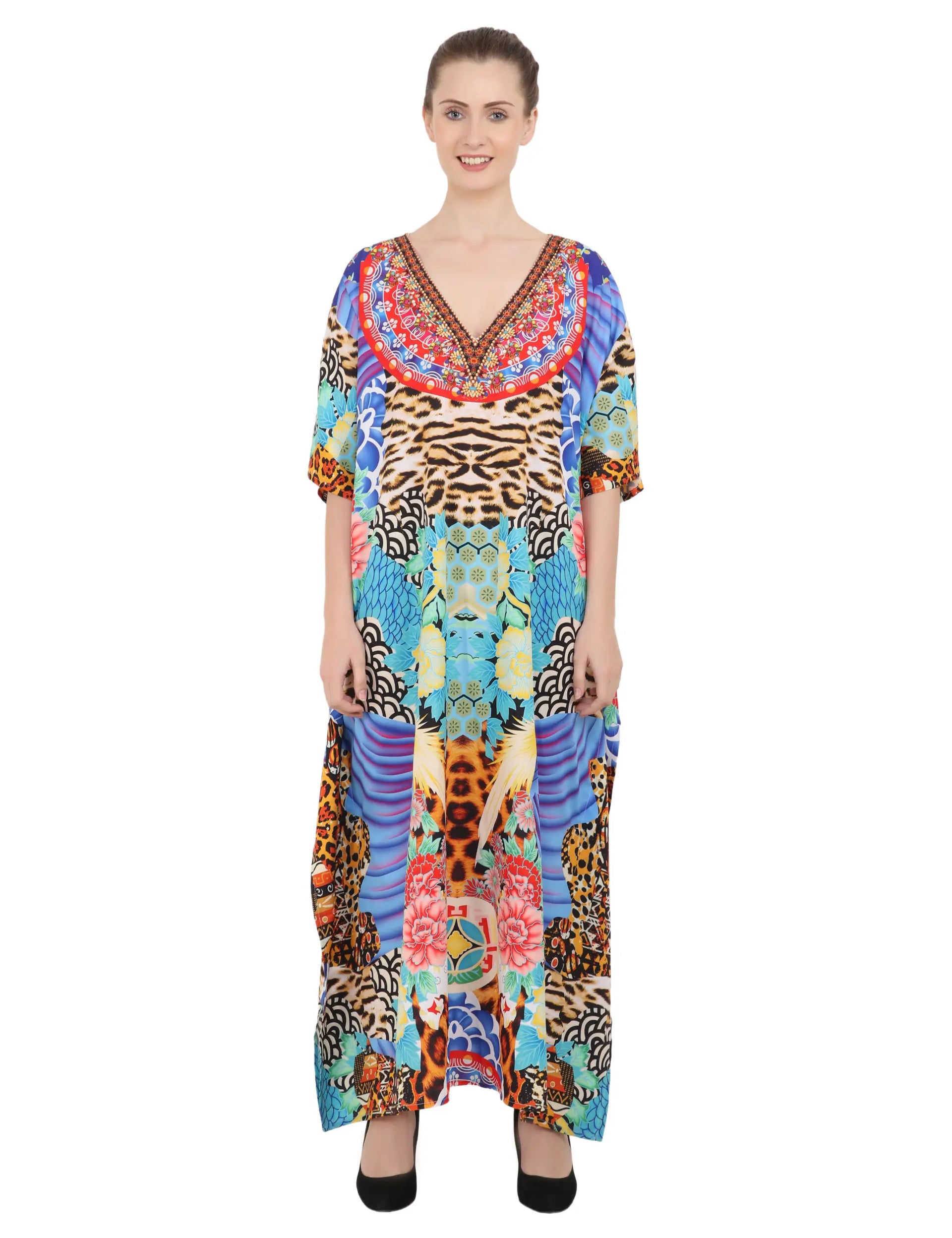 Floral Print Polyester Kaftan Dress with V Neck & Side Slits