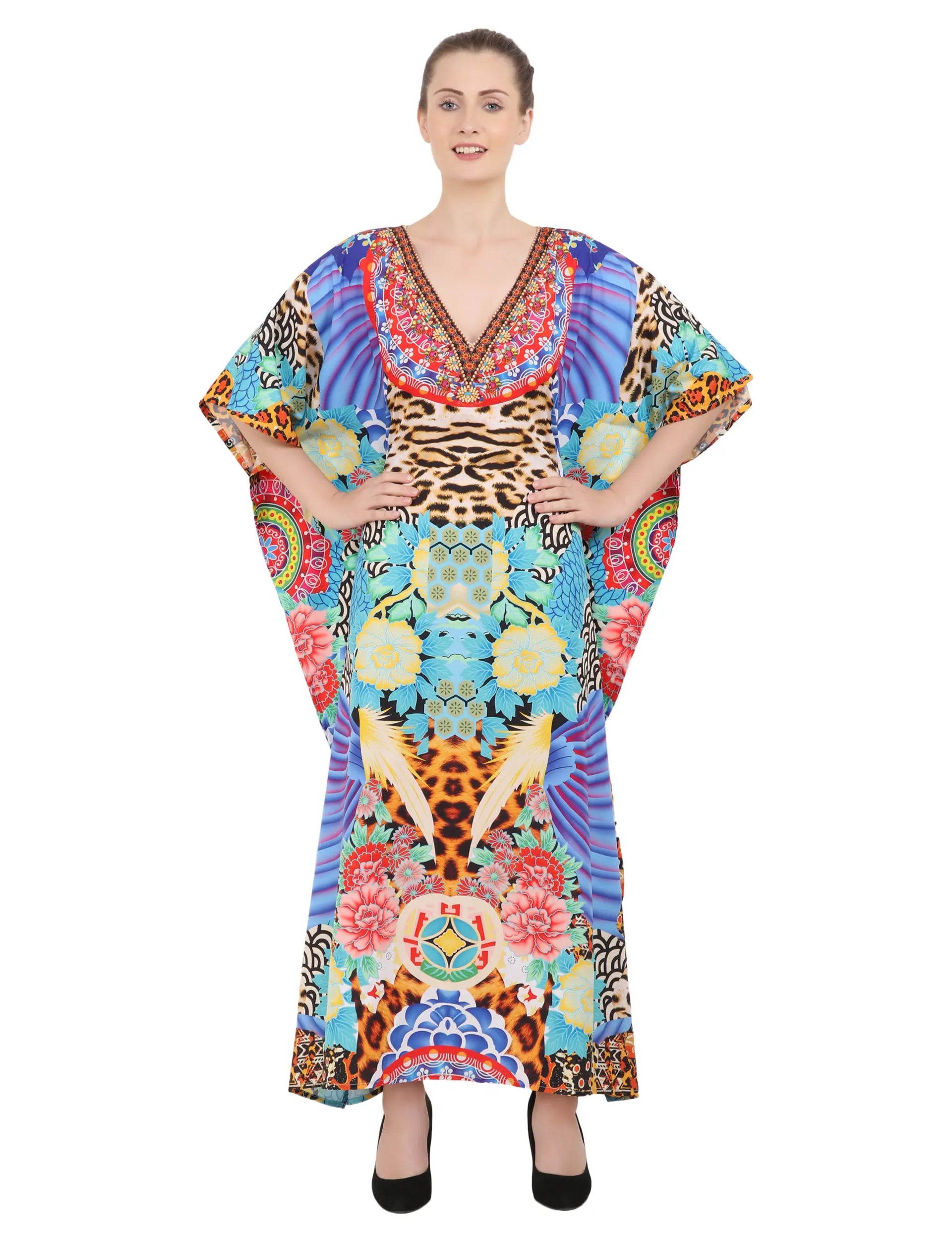 Floral Print Polyester Kaftan Dress with V Neck & Side Slits