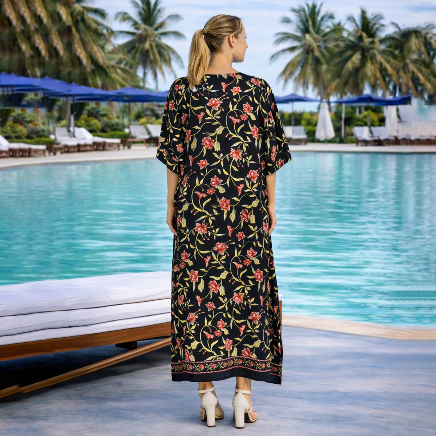 Floral Print Polyester Kaftan Dress with V Neck & Side Slits