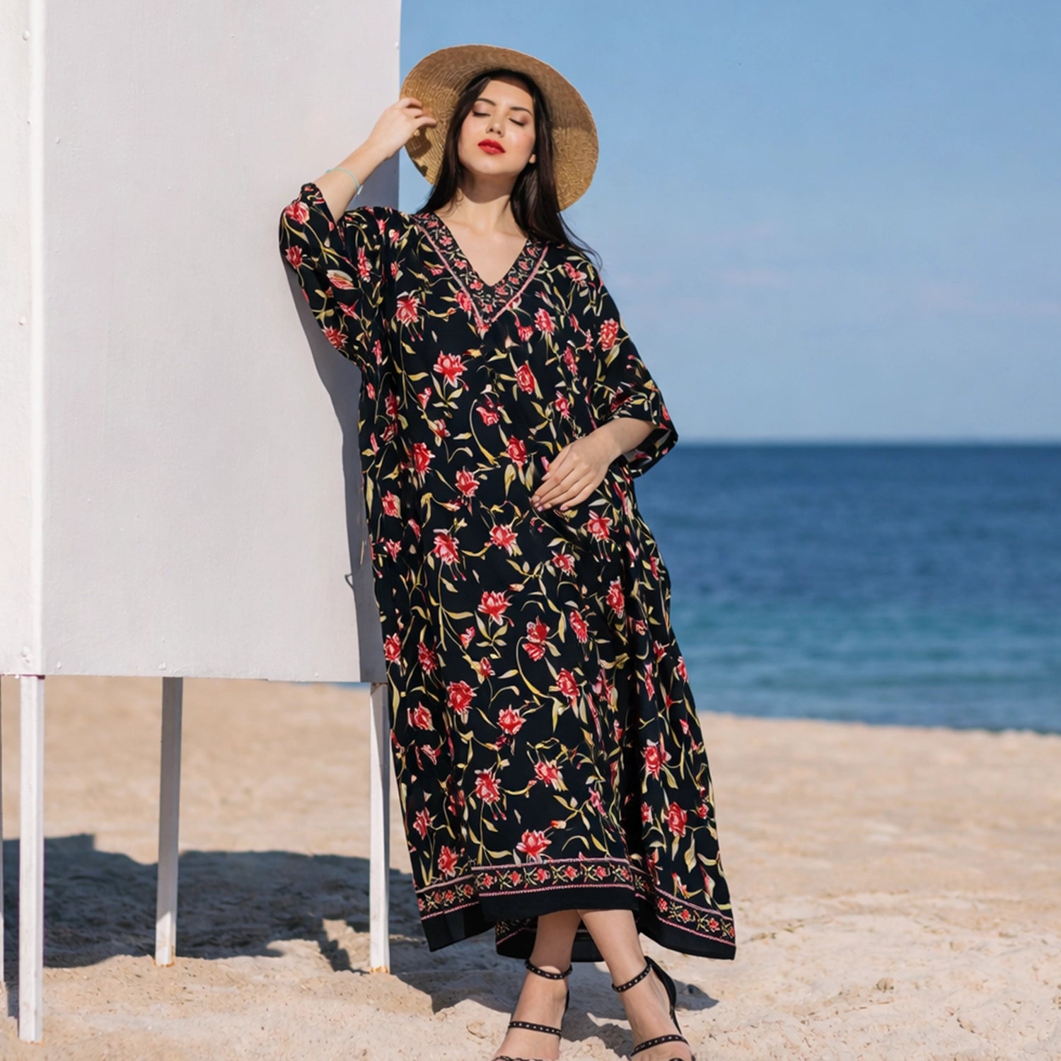 Floral Print Polyester Kaftan Dress with V Neck & Side Slits