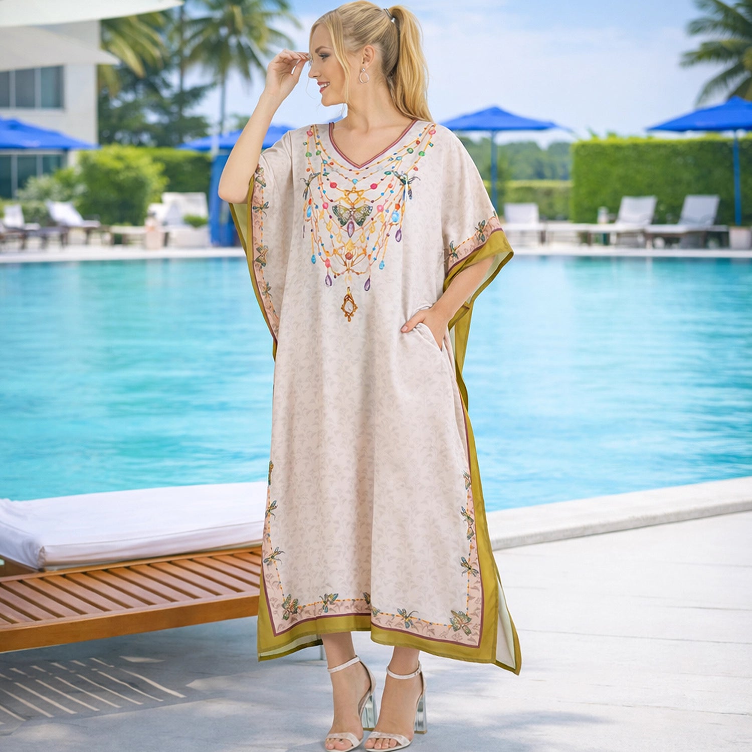 Ethnic Print Polyester Kaftan Dress with V Neck, Pockets & Side Slits