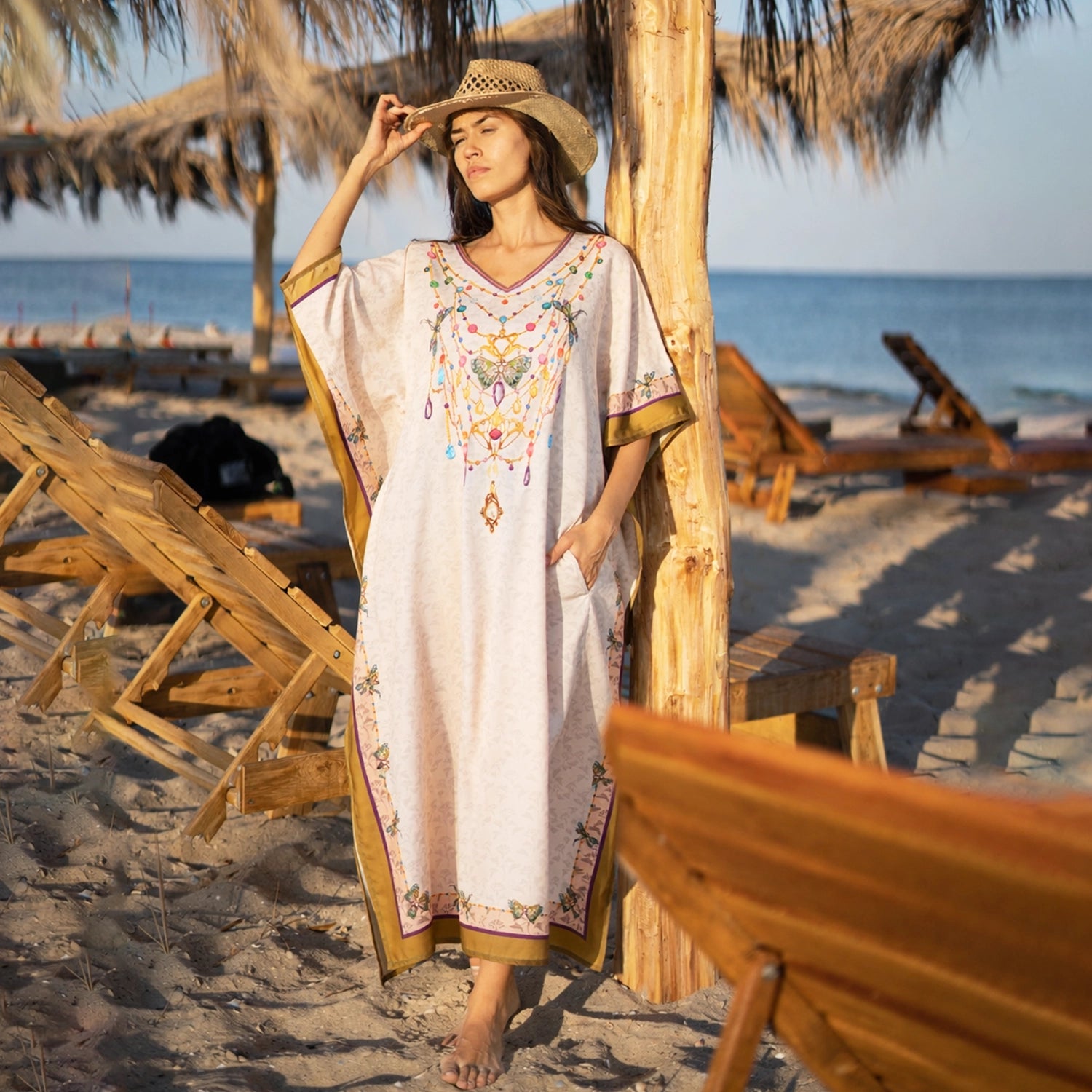 Ethnic Print Polyester Kaftan Dress with V Neck, Pockets & Side Slits