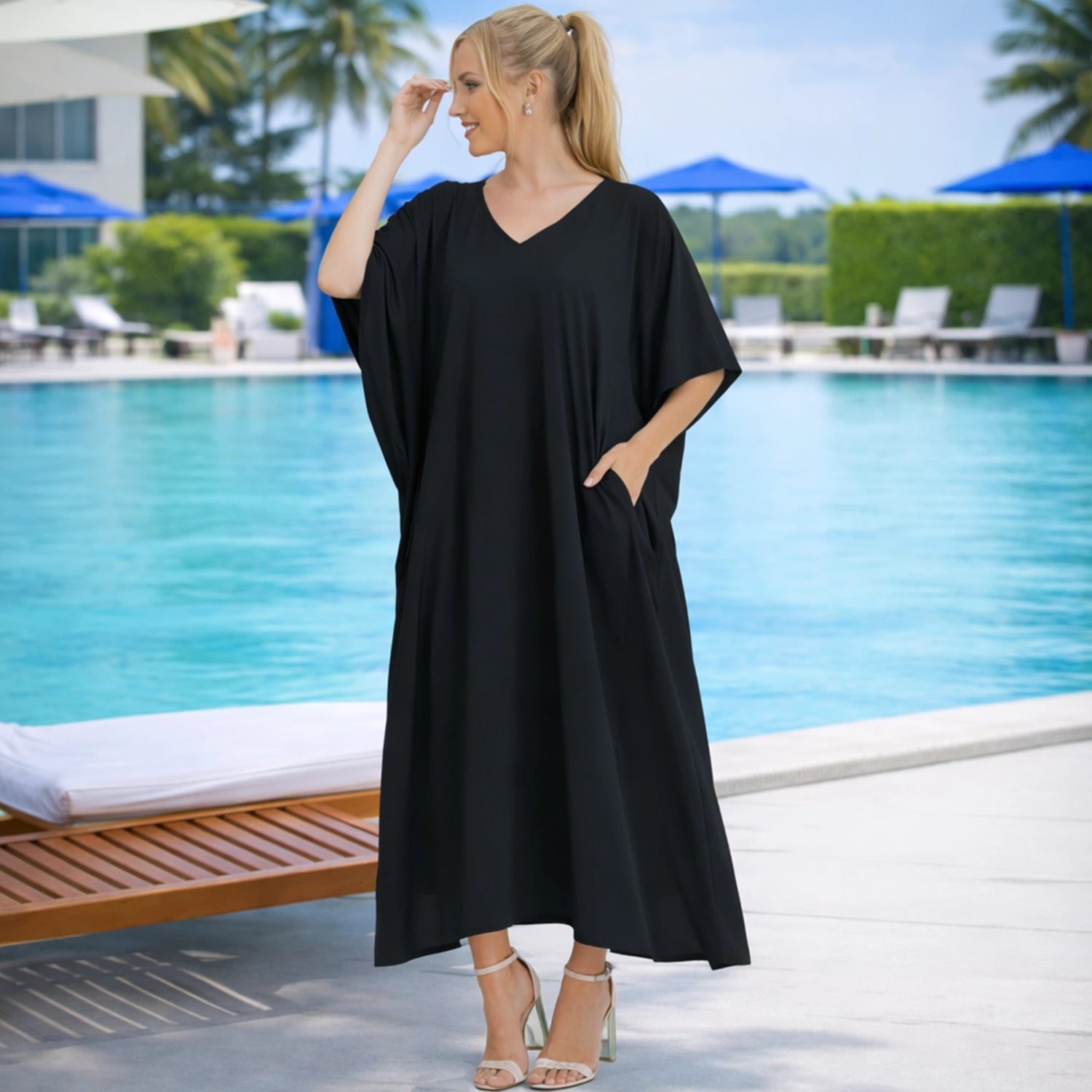 Women Long Kaftans Summer Holiday Caftan Dress, Black S-3XL