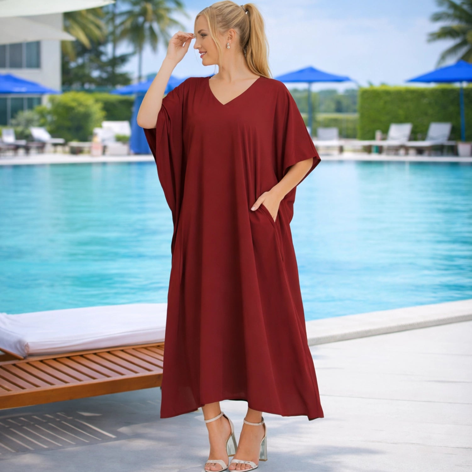 Women Long Kaftans Summer Holiday Caftan Dress, Burgundy S-3XL