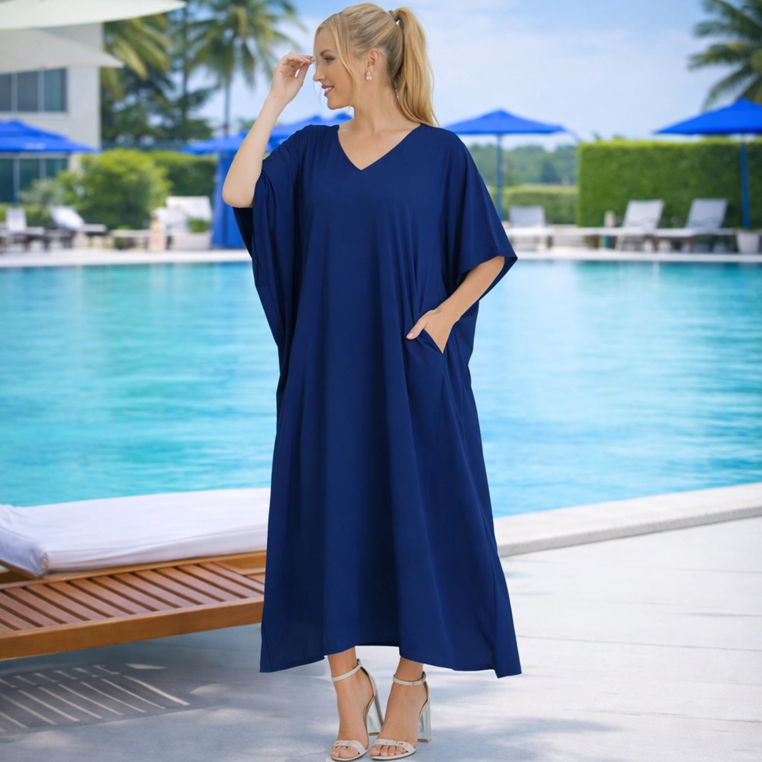 Women Long Kaftans Summer Holiday Caftan Dress, Navy S-3XL