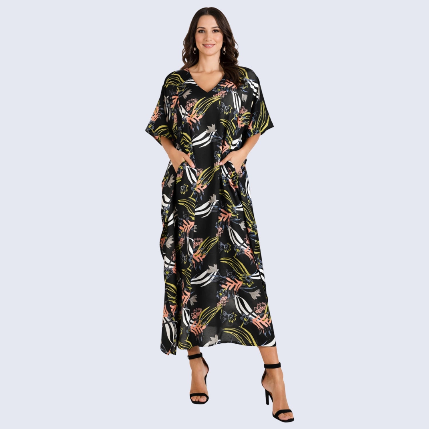 Floral Pastel Polyester Kaftan Dress with V Neck, Pockets & Side Slits