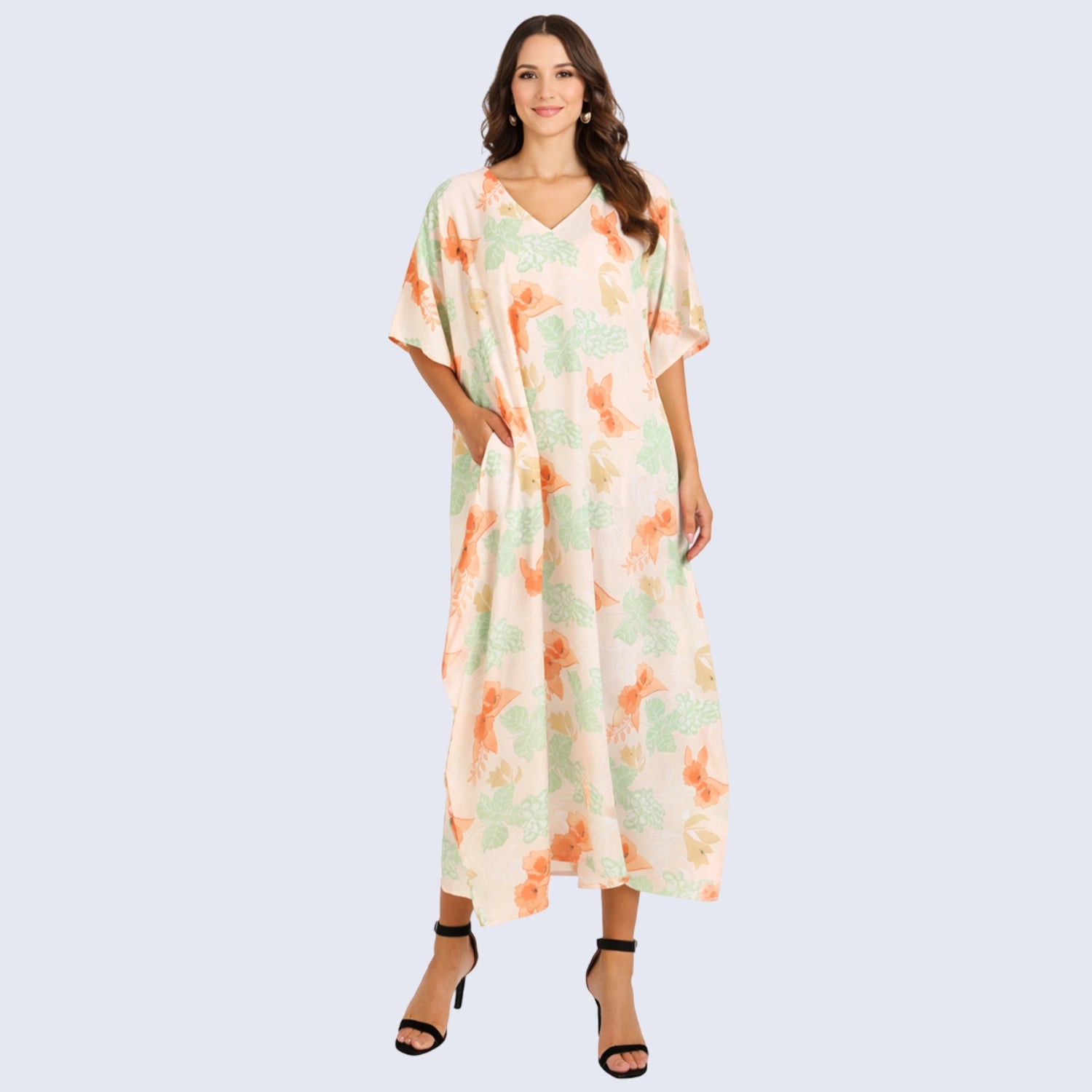 Floral Pastel Polyester Kaftan Dress with V Neck, Pockets & Side Slits