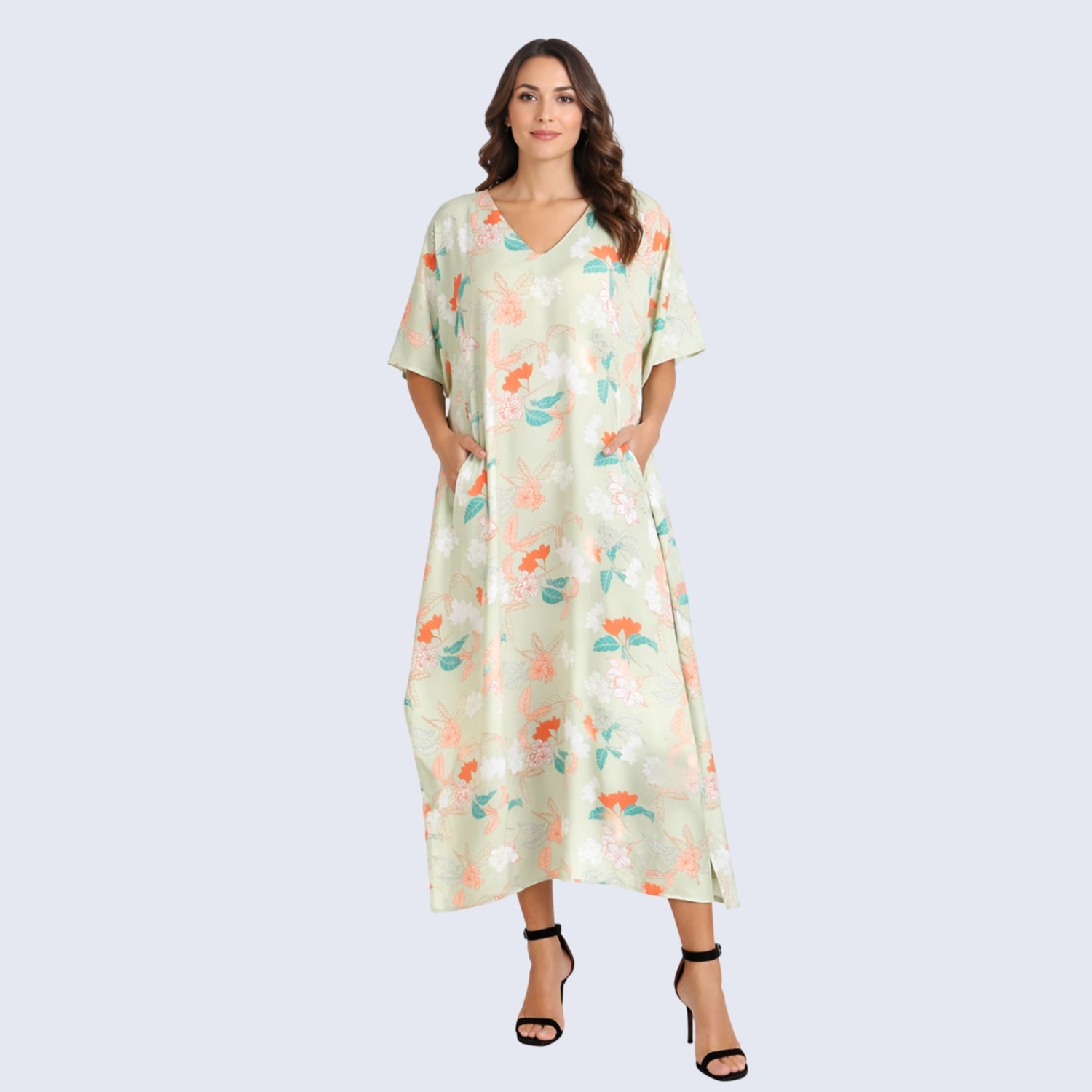 Floral Pastel Polyester Kaftan Dress with V Neck, Pockets & Side Slits