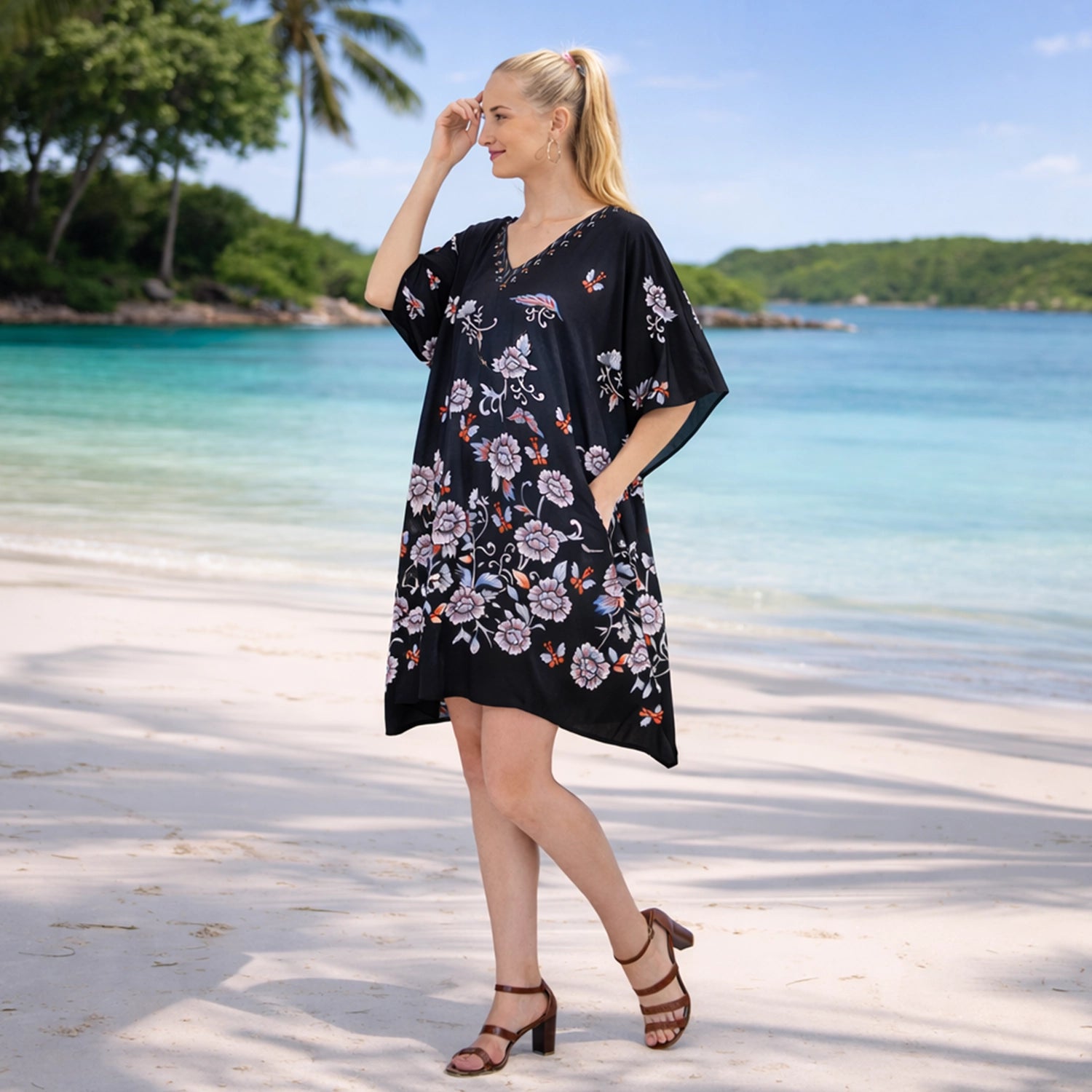 Floral Print Short Polyester Kaftan Dress with V Neck & Pockets