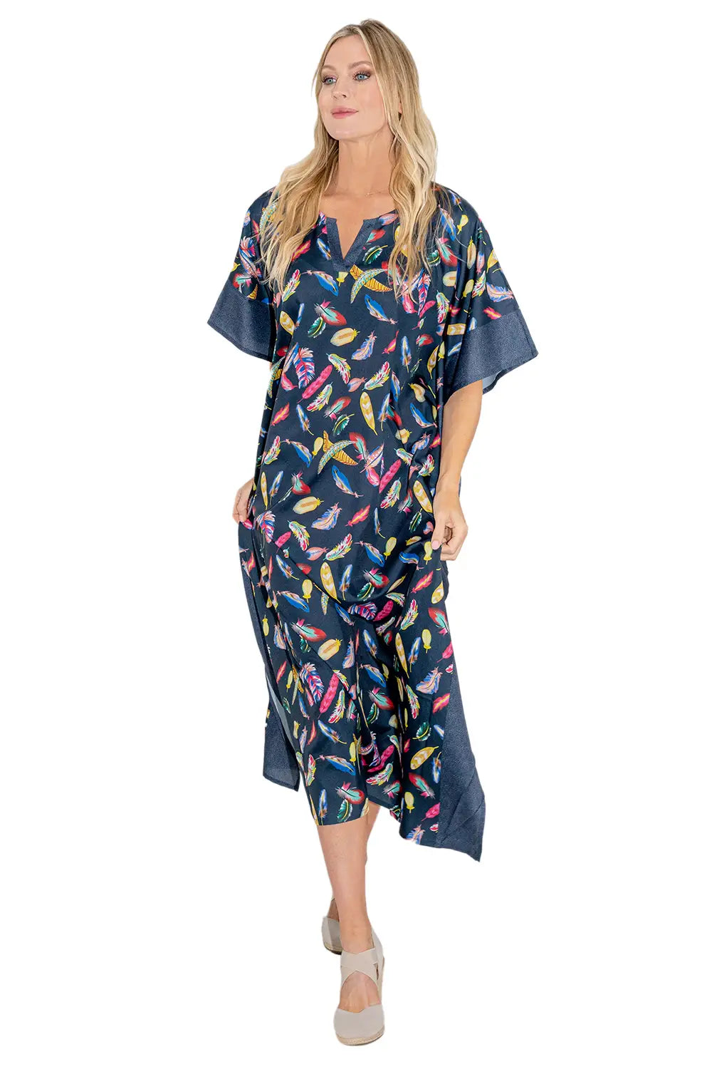 Leafy Print Polyester Kaftan Dress with Pockets & Side Slits