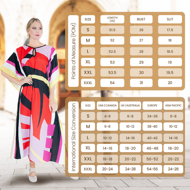 Size Chart for Abstract Print Polyester Kaftan Dress with Pockets & Side Slits