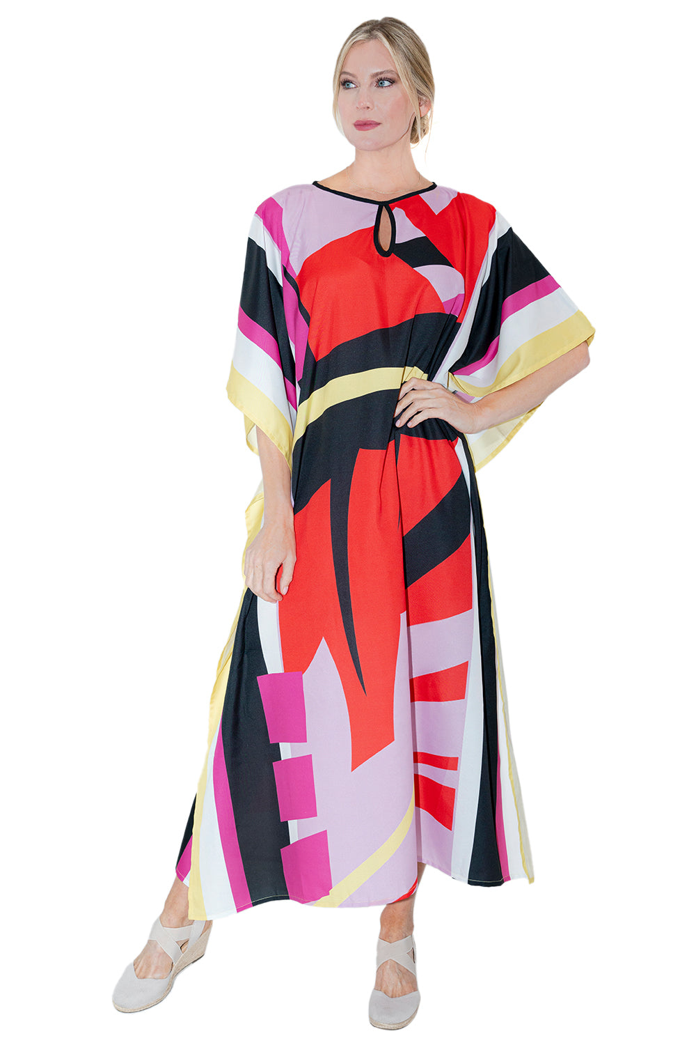 Abstract Print Polyester Kaftan Dress with Pockets & Side Slits