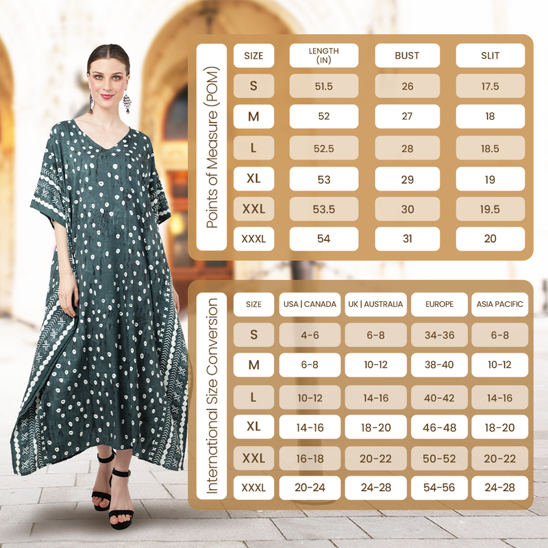 Size Chart for Ethnic Dot Print Polyester Kaftan Dress with Pockets & Side Slits