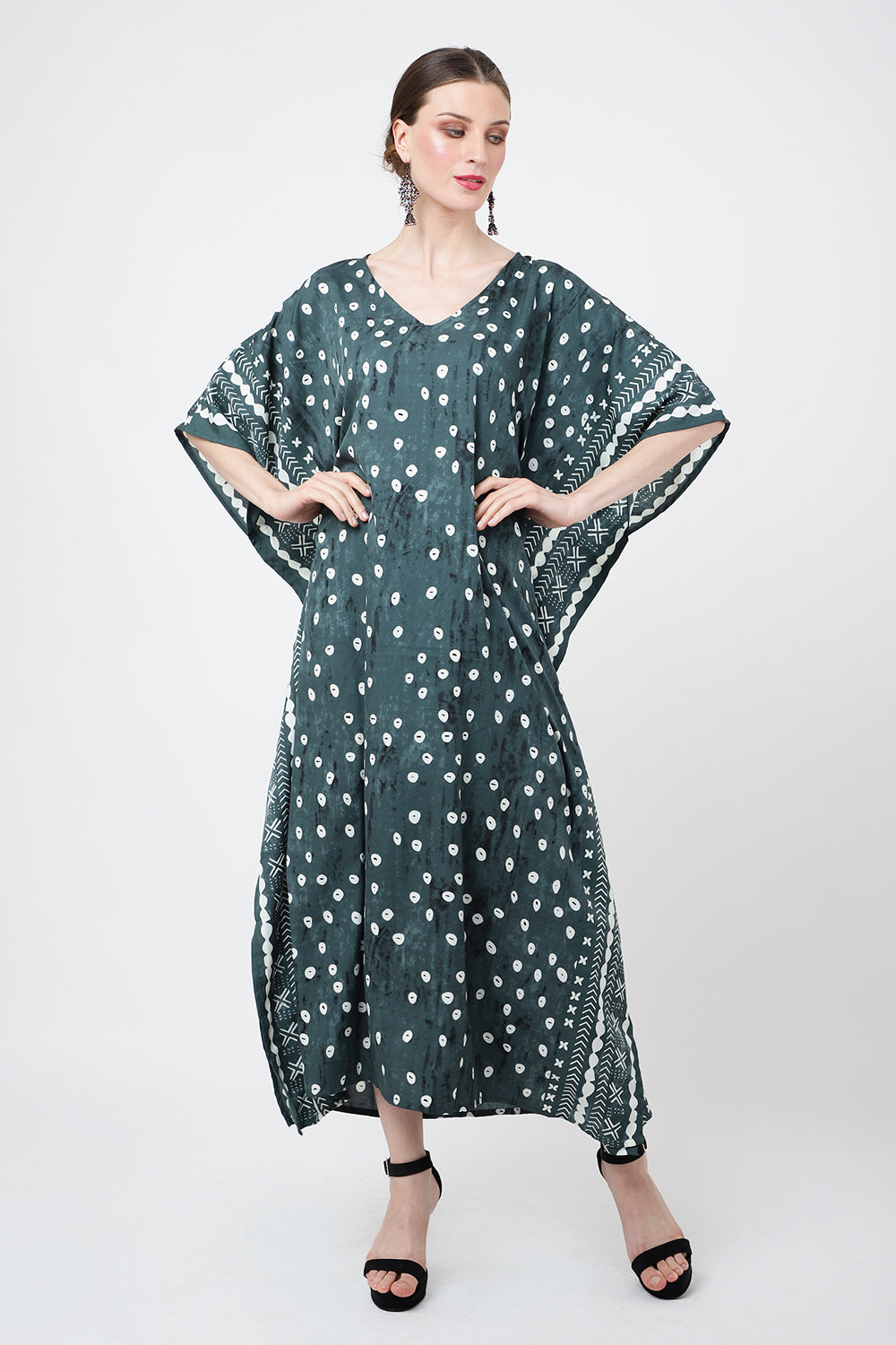 Ethnic Dot Print Polyester Kaftan Dress with Pockets & Side Slits