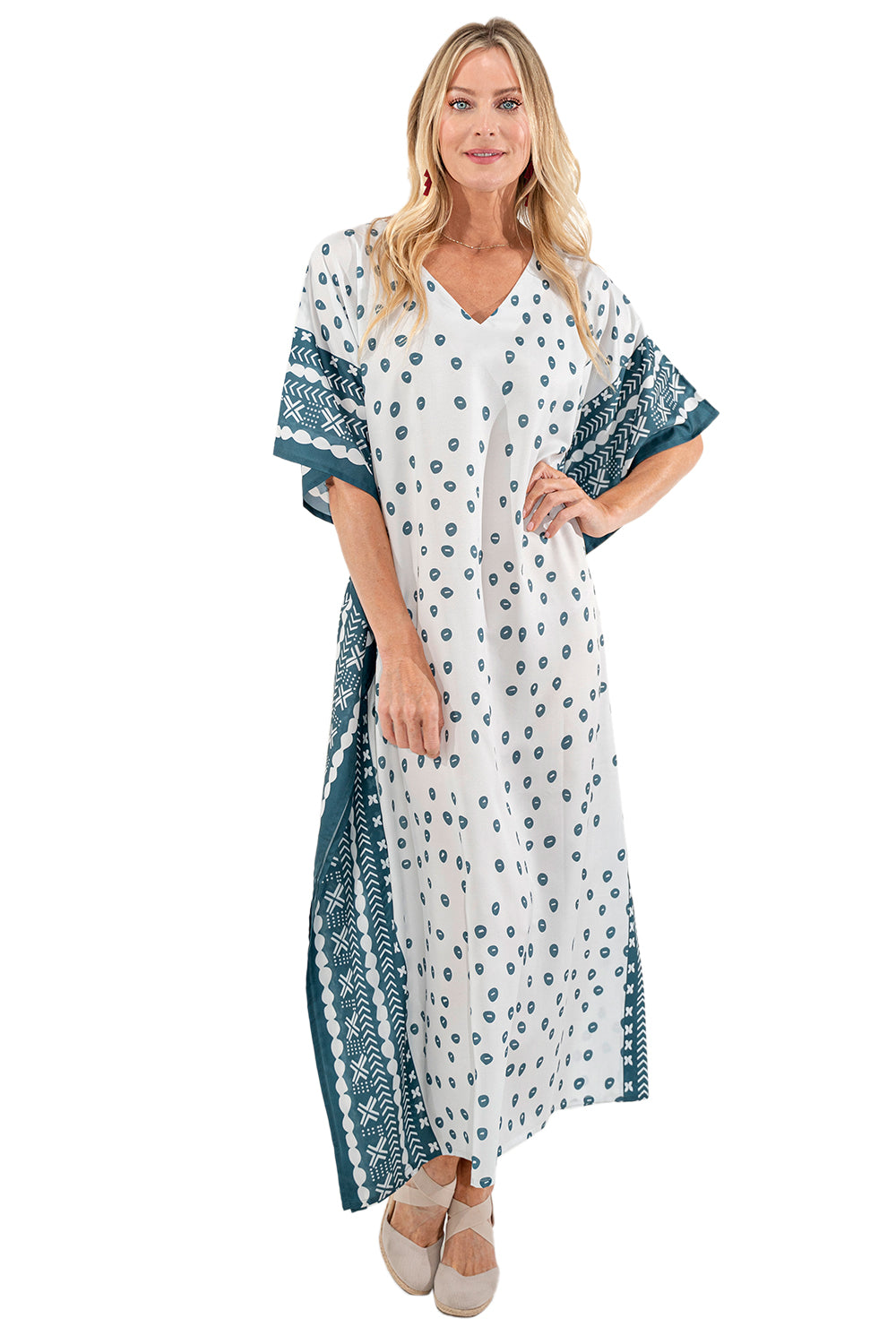 Ethnic Dot Print Polyester Kaftan Dress with Pockets & Side Slits