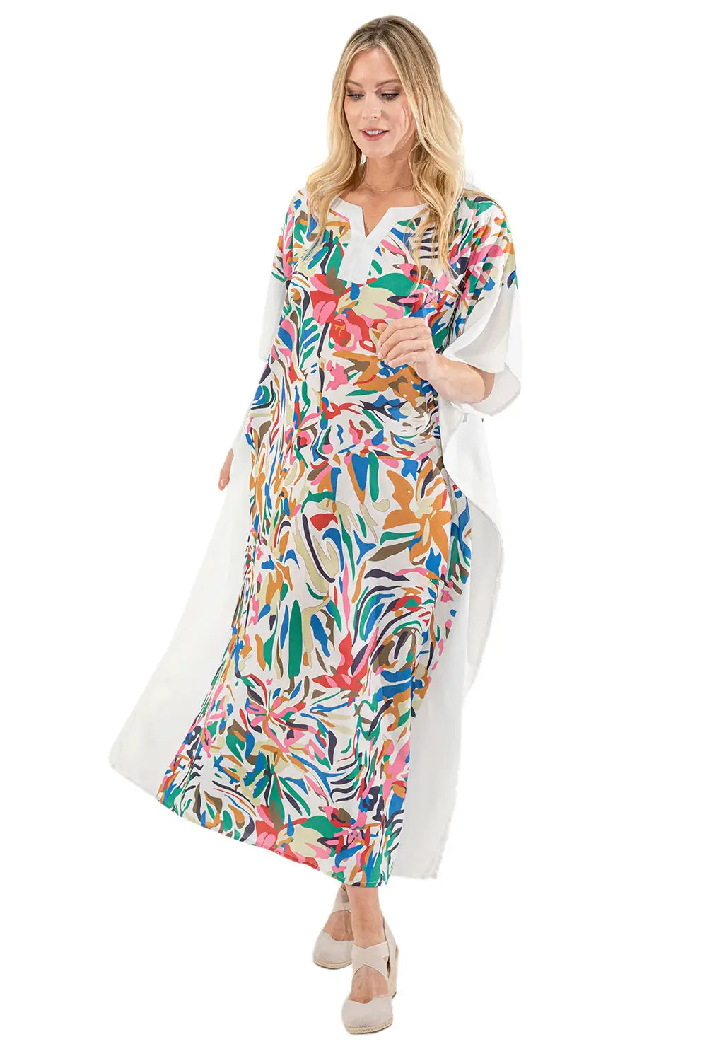Leafy Print Polyester Kaftan Dress with Pockets & Side Slits
