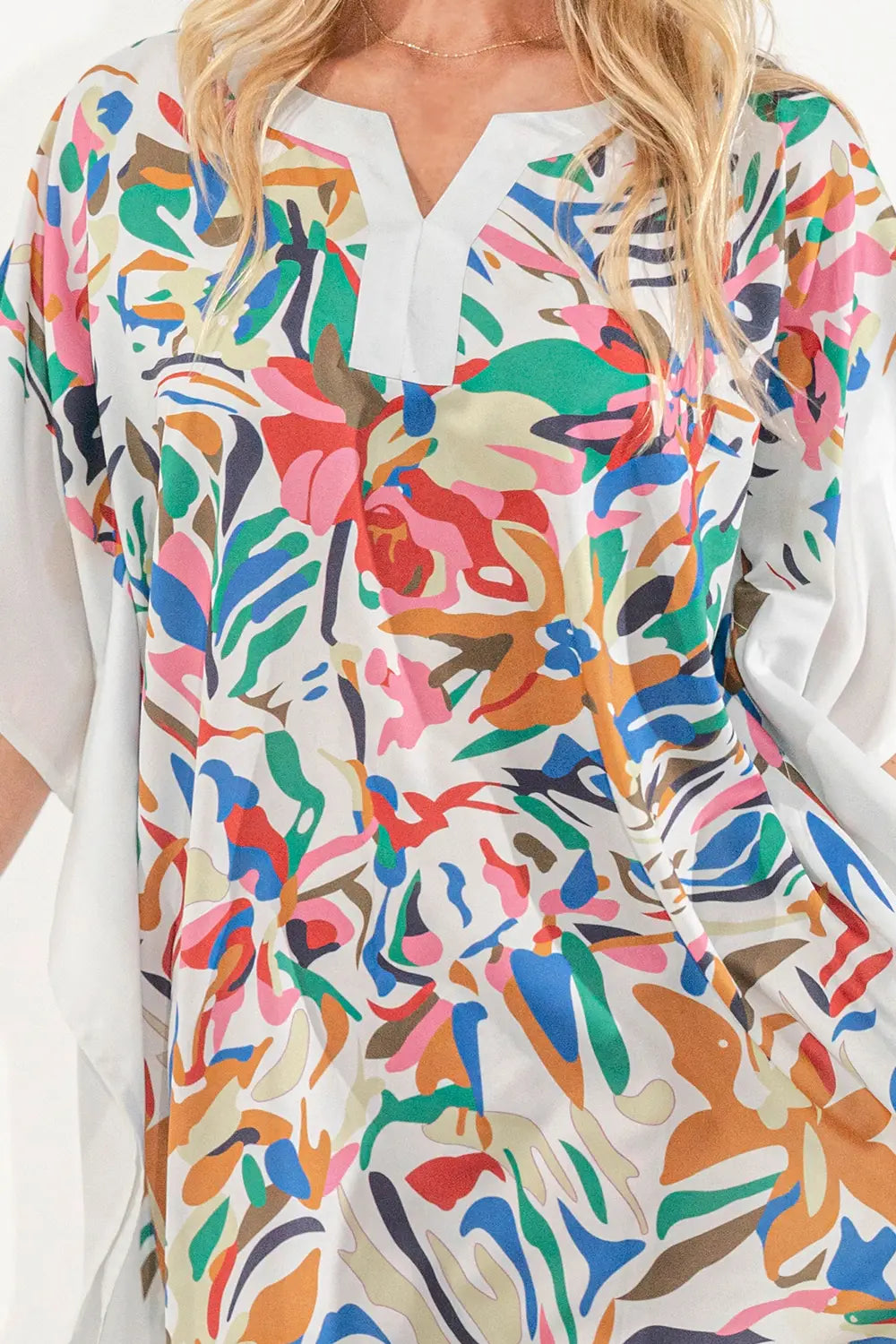Leafy Print Polyester Kaftan Dress with Pockets & Side Slits