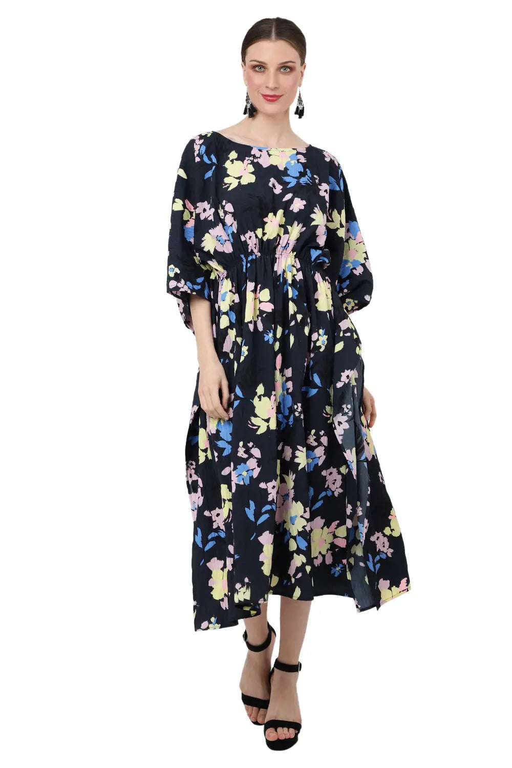 Poly Crepe Midi Kaftan Dress with Elasticated Waist, Pockets & Batwing Sleeves