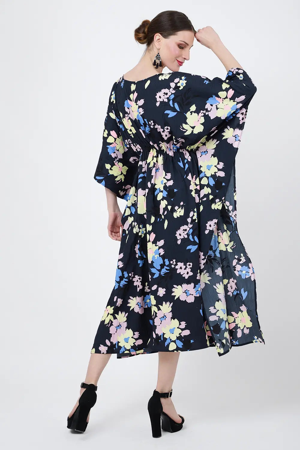 Poly Crepe Midi Kaftan Dress with Elasticated Waist, Pockets & Batwing Sleeves
