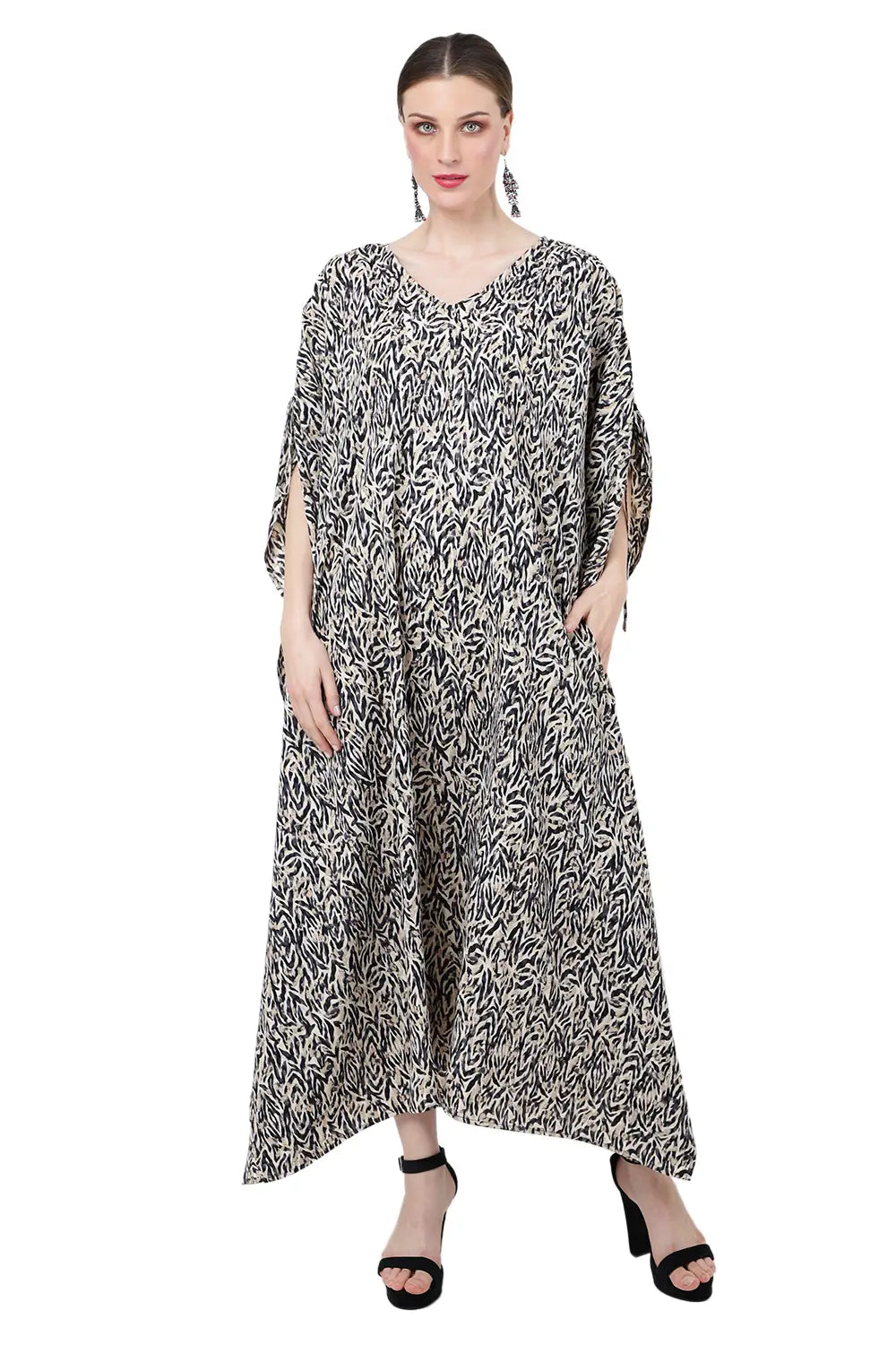 Abstract Poly Crepe Kaftan Dress with Pockets – Midi/Maxi Resort Style