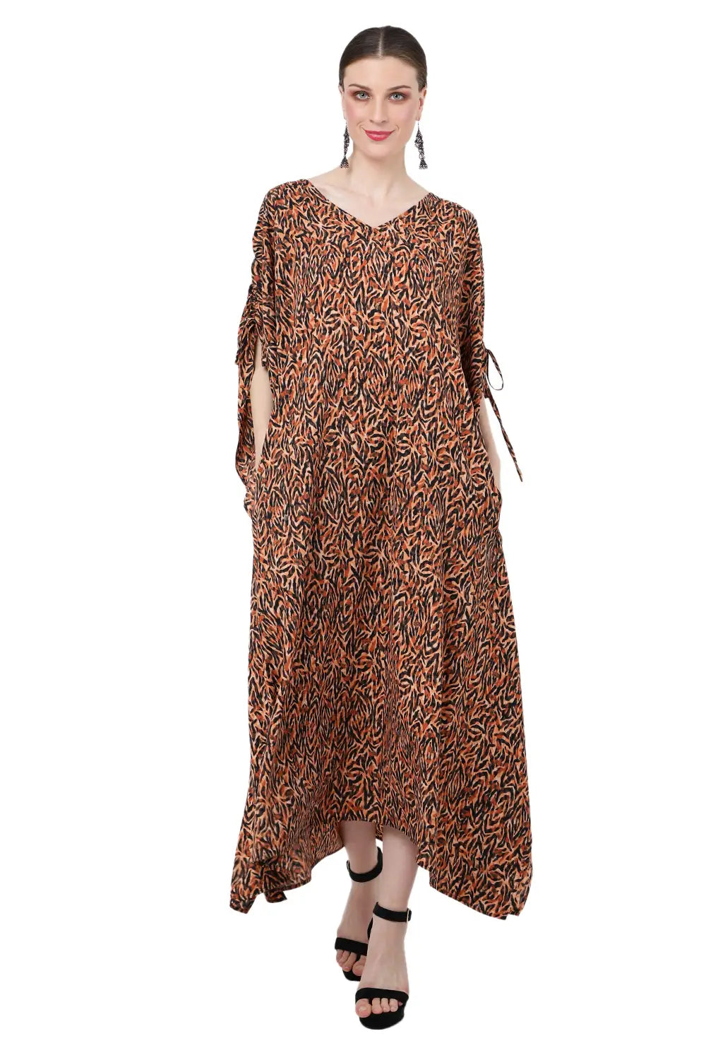 kaftan dresses for women draw cord at the shoulder with v shaped neckline dusky orange s to 3xl