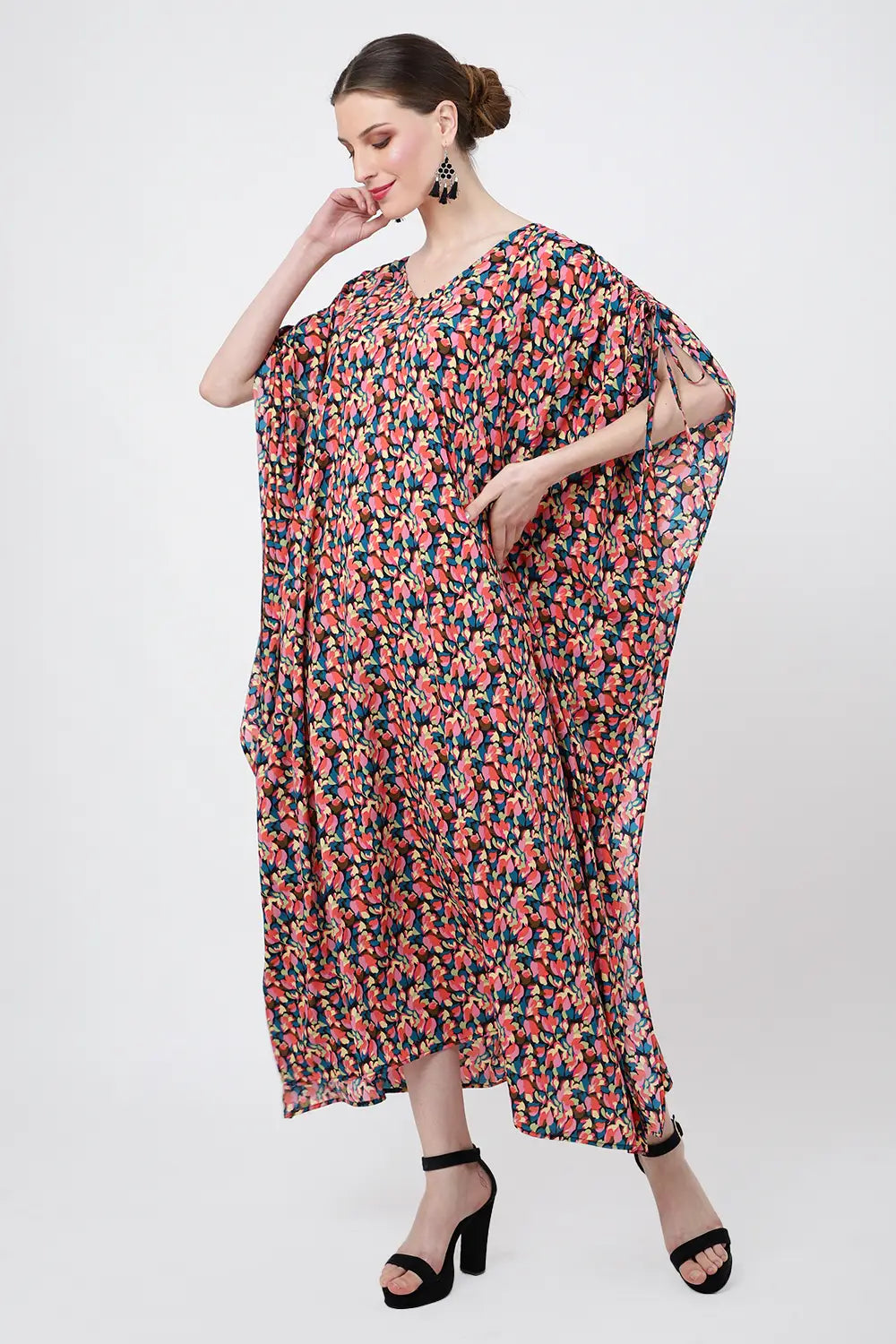 Floral Poly Crepe Kaftan Dress with Pockets – Midi/Maxi Resort Style