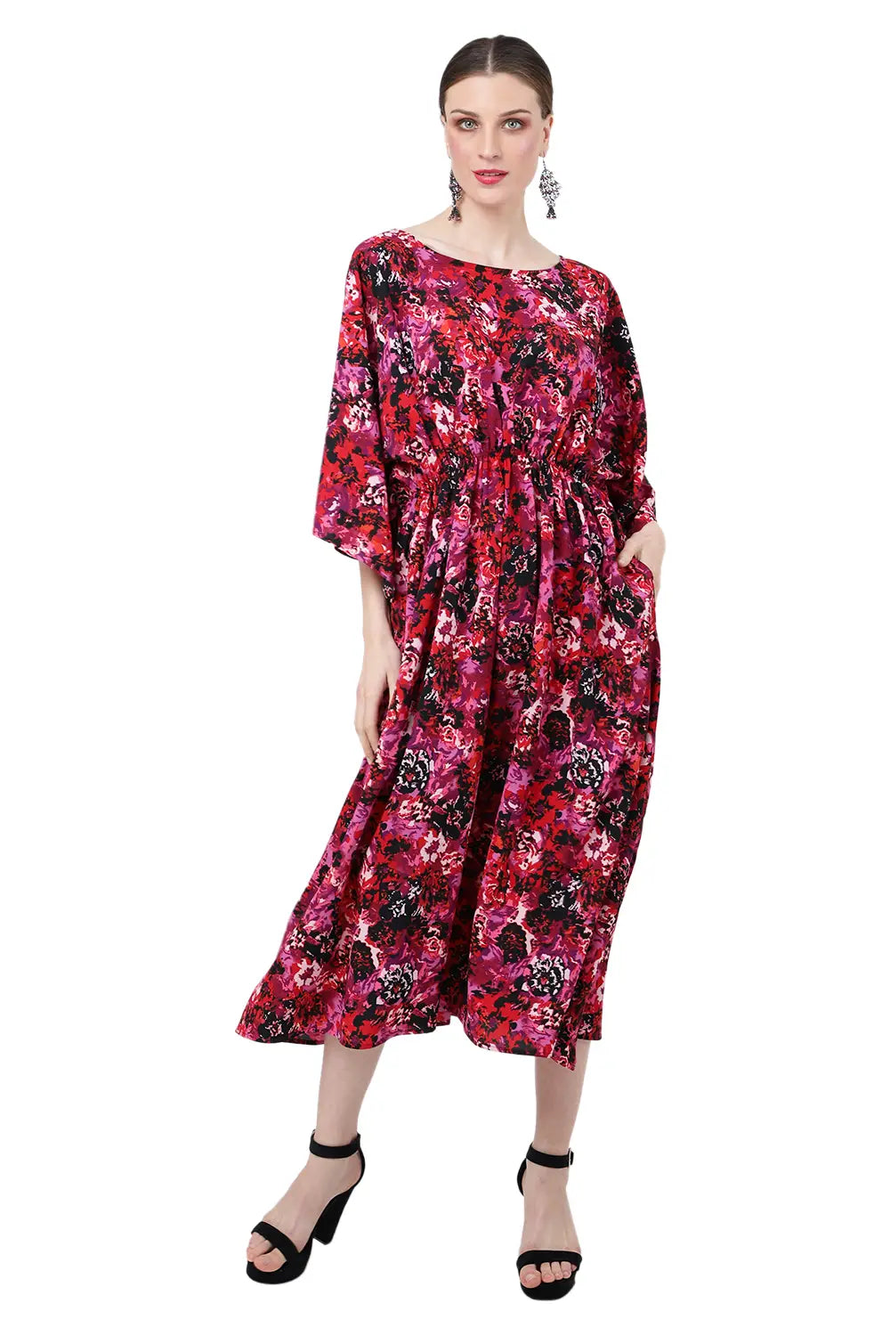 Poly Crepe Midi Kaftan Dress with Elasticated Waist, Pockets & Batwing Sleeves