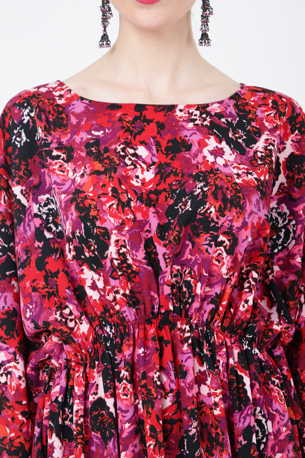 Poly Crepe Midi Kaftan Dress with Elasticated Waist, Pockets & Batwing Sleeves