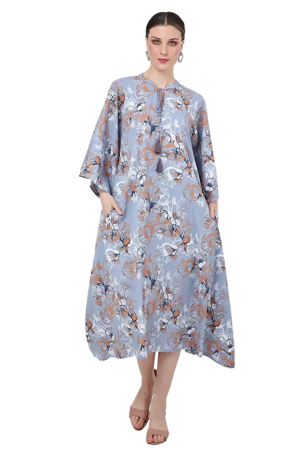 Floral Poly Crepe Kaftan Dress with Pockets – Midi/Maxi Resort Style