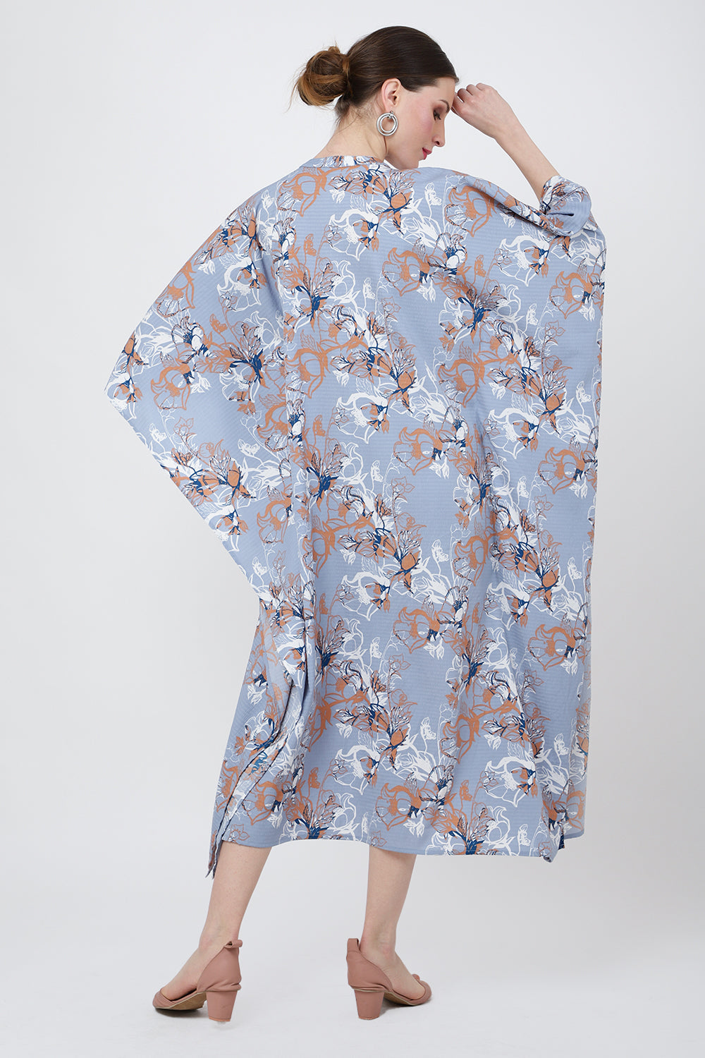 Floral Poly Crepe Kaftan Dress with Pockets – Midi/Maxi Resort Style
