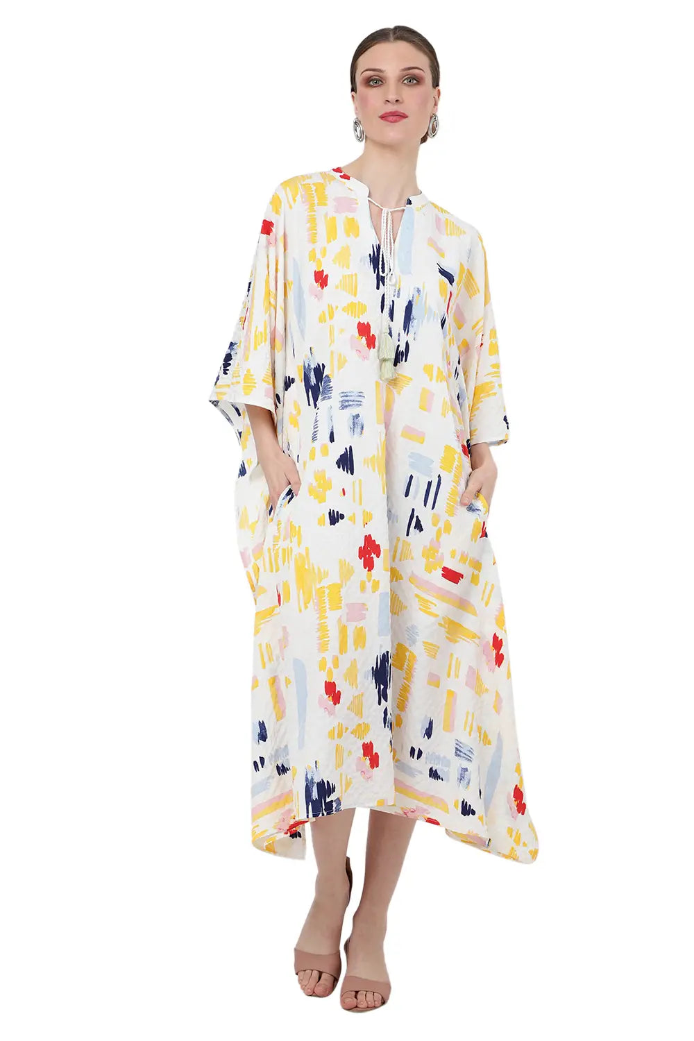 Abstract Poly Crepe Kaftan Dress with Pockets – Midi/Maxi Resort Style