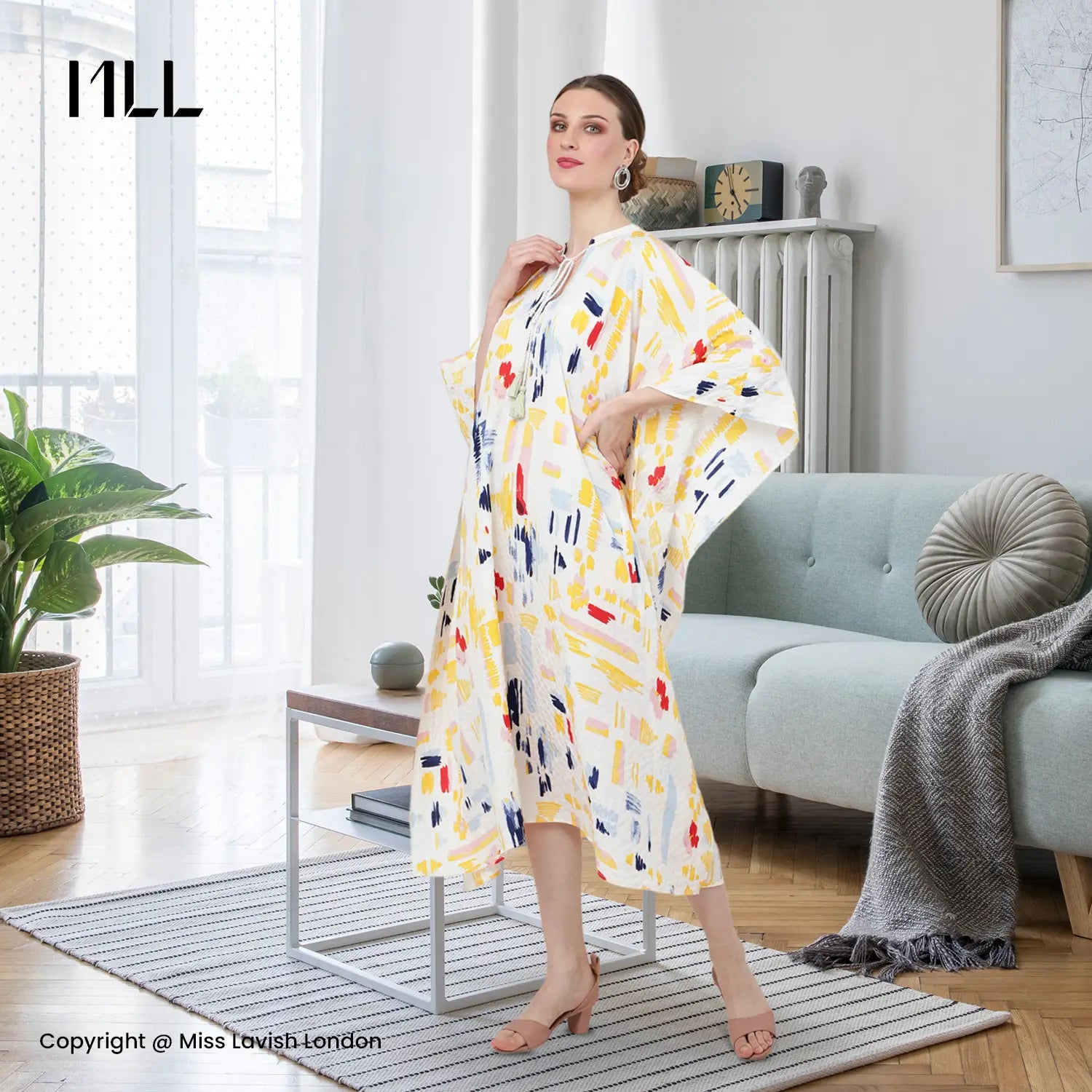 Abstract Poly Crepe Kaftan Dress with Pockets – Midi/Maxi Resort Style