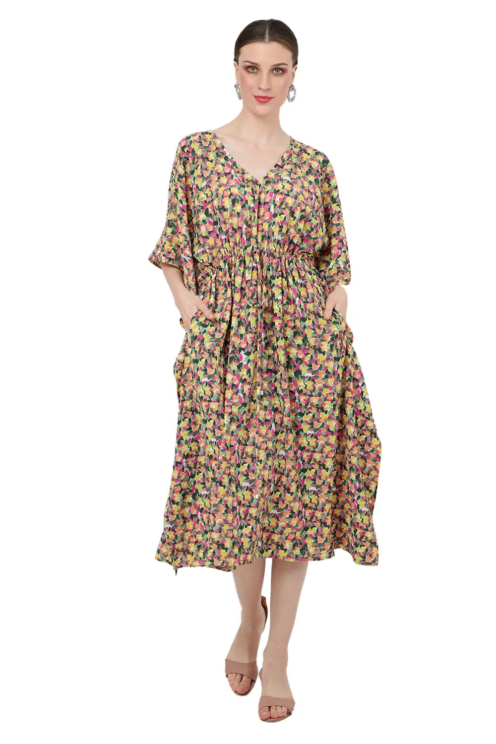 drawcord at the waist and v shaped neckline kaftan dress motley green s to 3xl